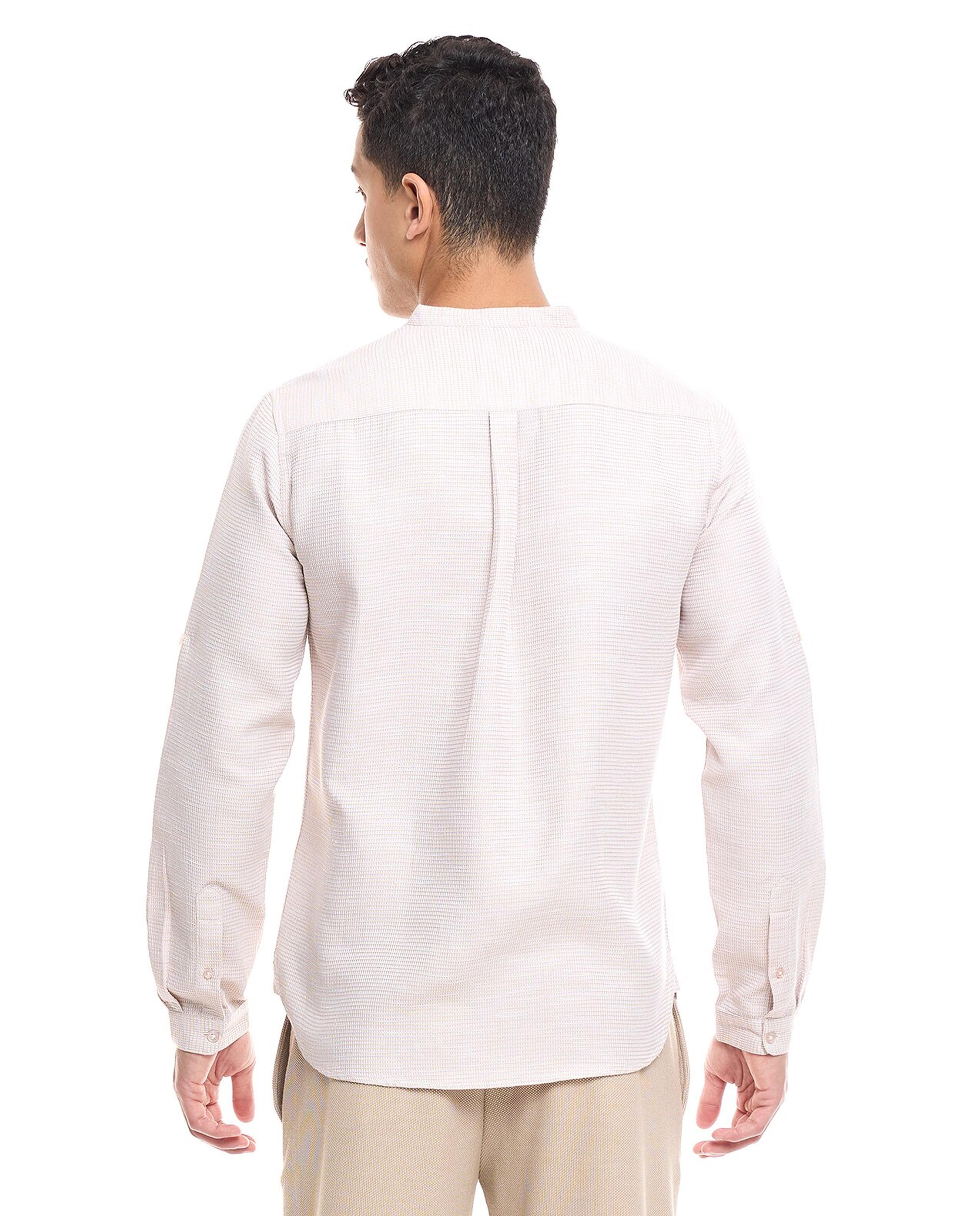 Textured Shirt with Stand Collar and Long Sleeves