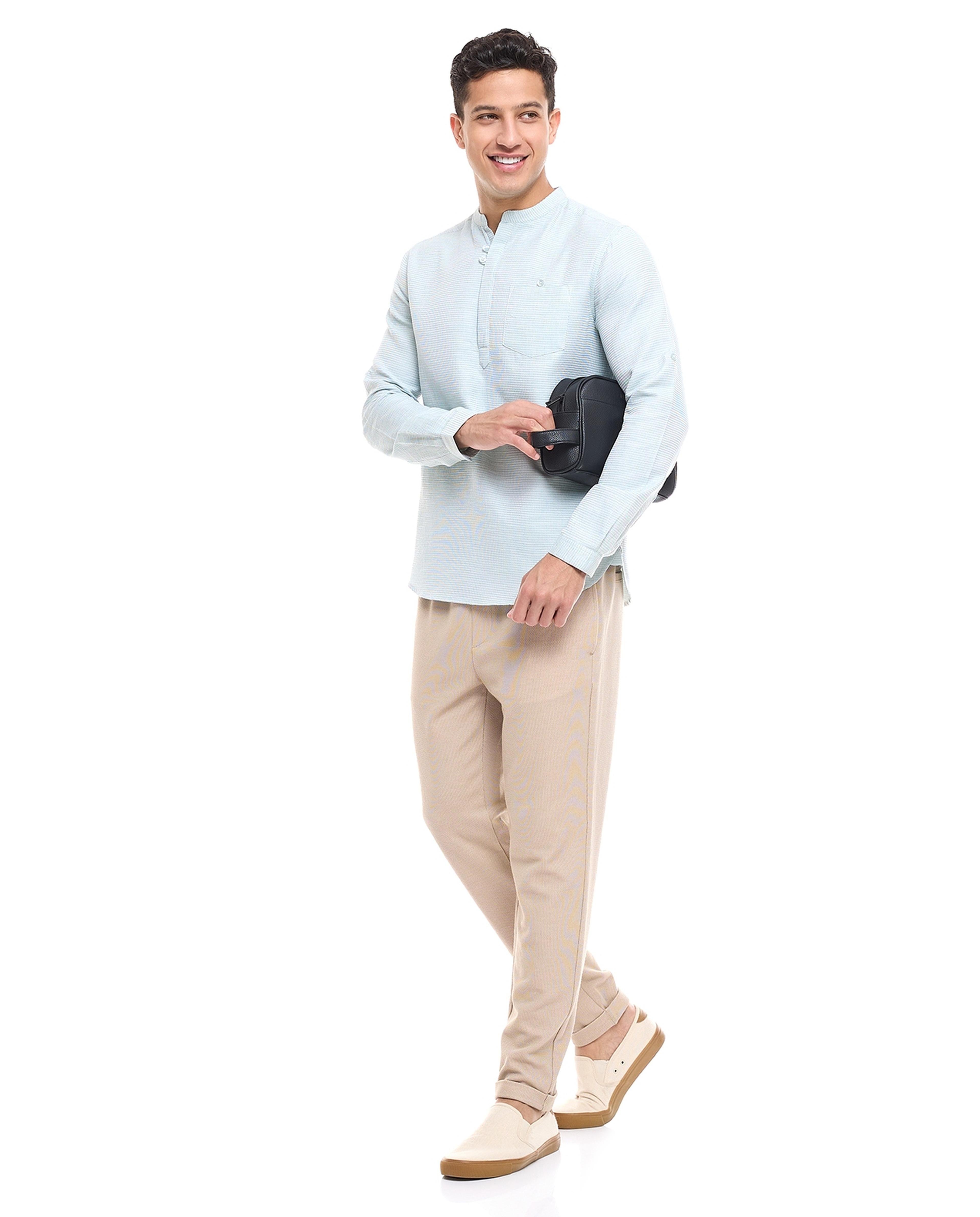 Textured Shirt with Stand Collar and Long Sleeves