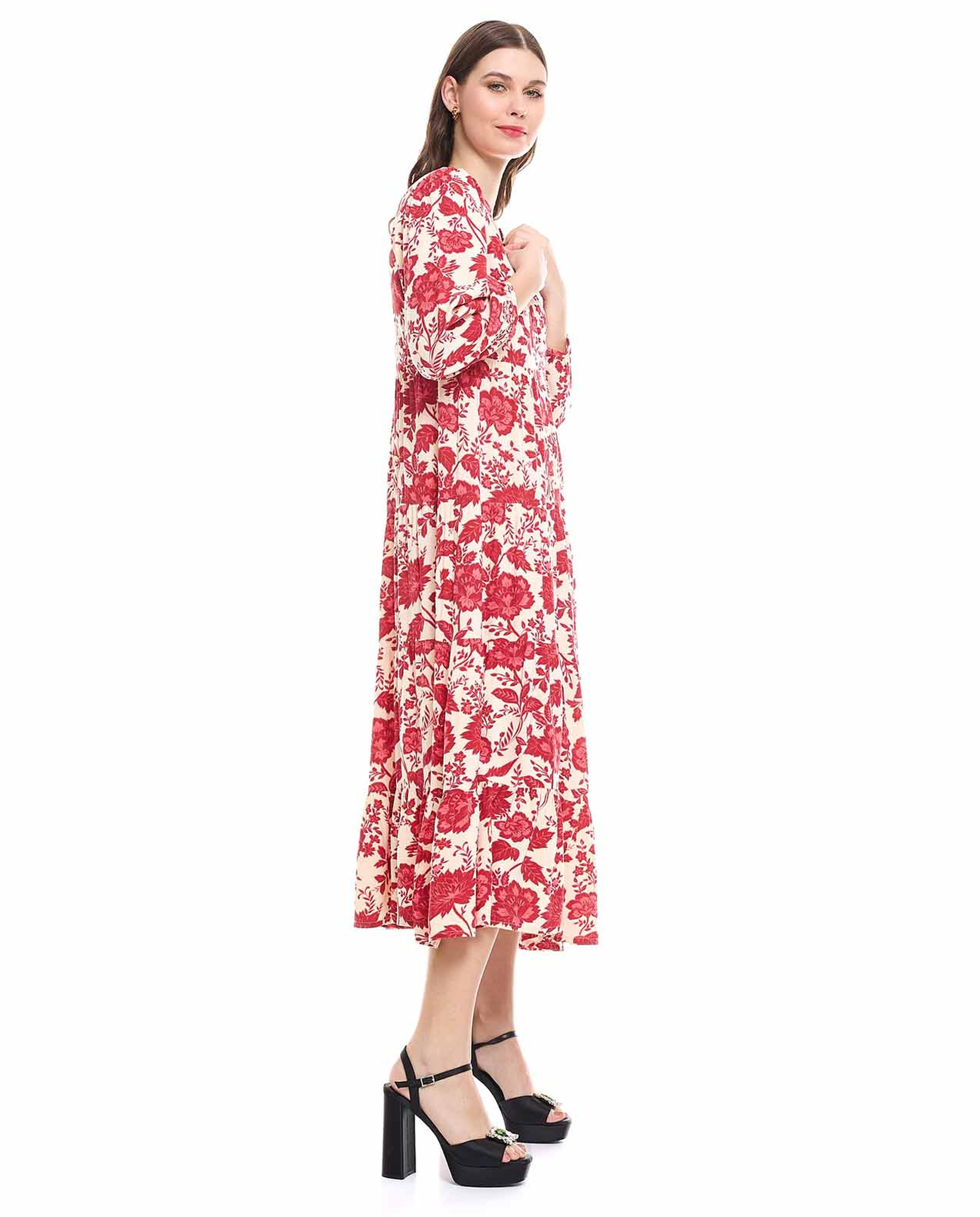 Floral Print Tiered Dress with Split Neck and Puff Sleeves
