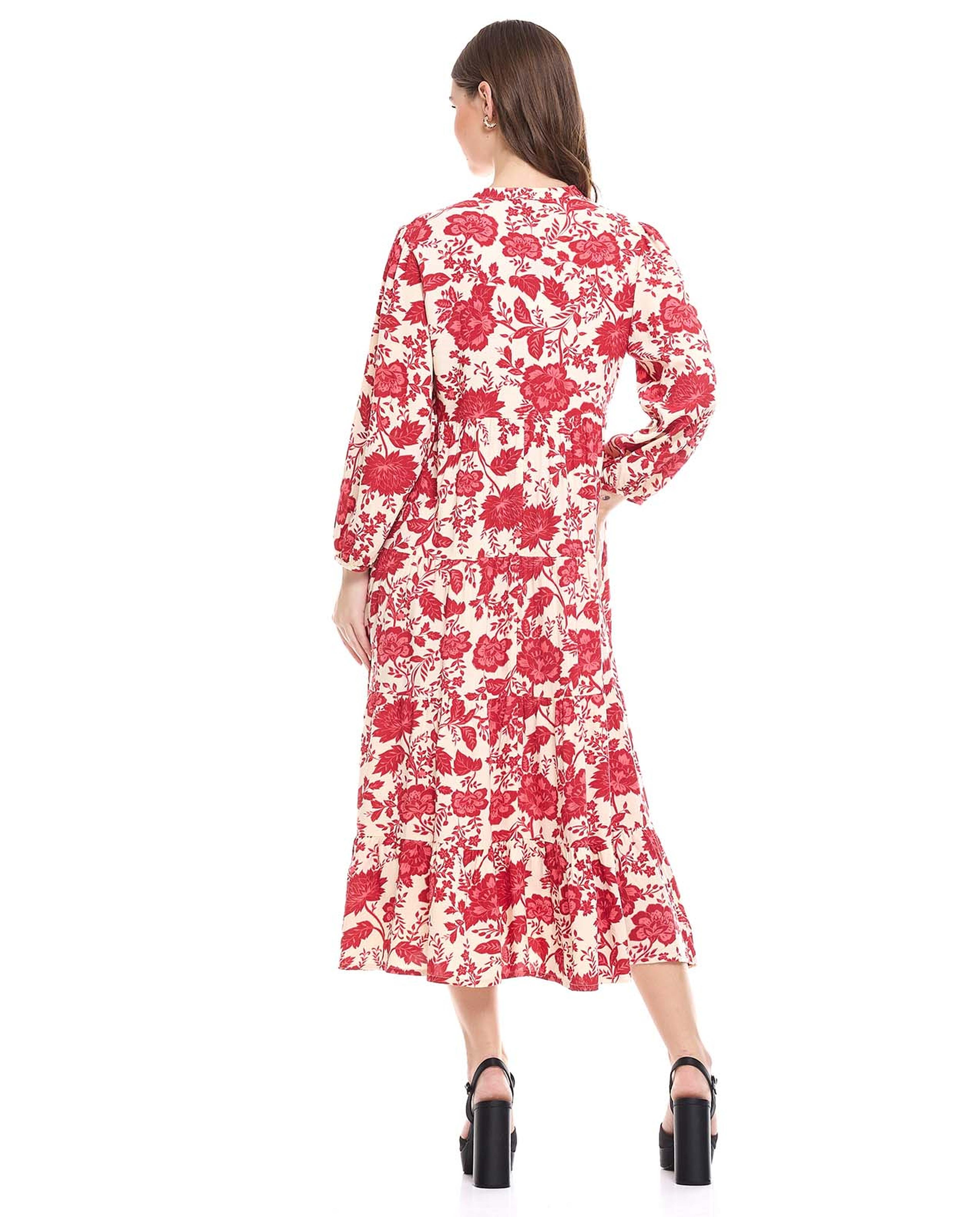 Floral Print Tiered Dress with Split Neck and Puff Sleeves