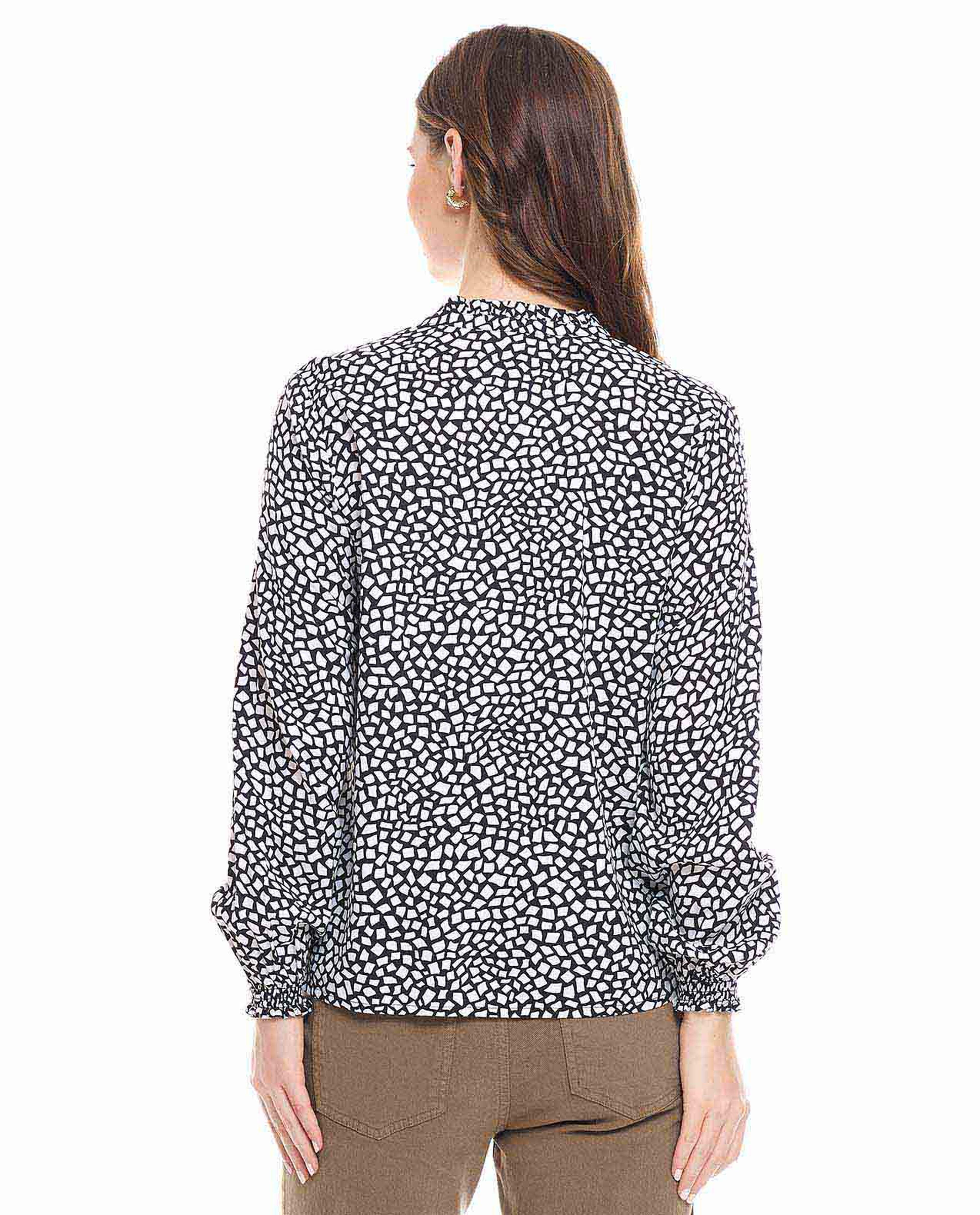 Patterned Top with Tie-Up Neck and Bishop Sleeves