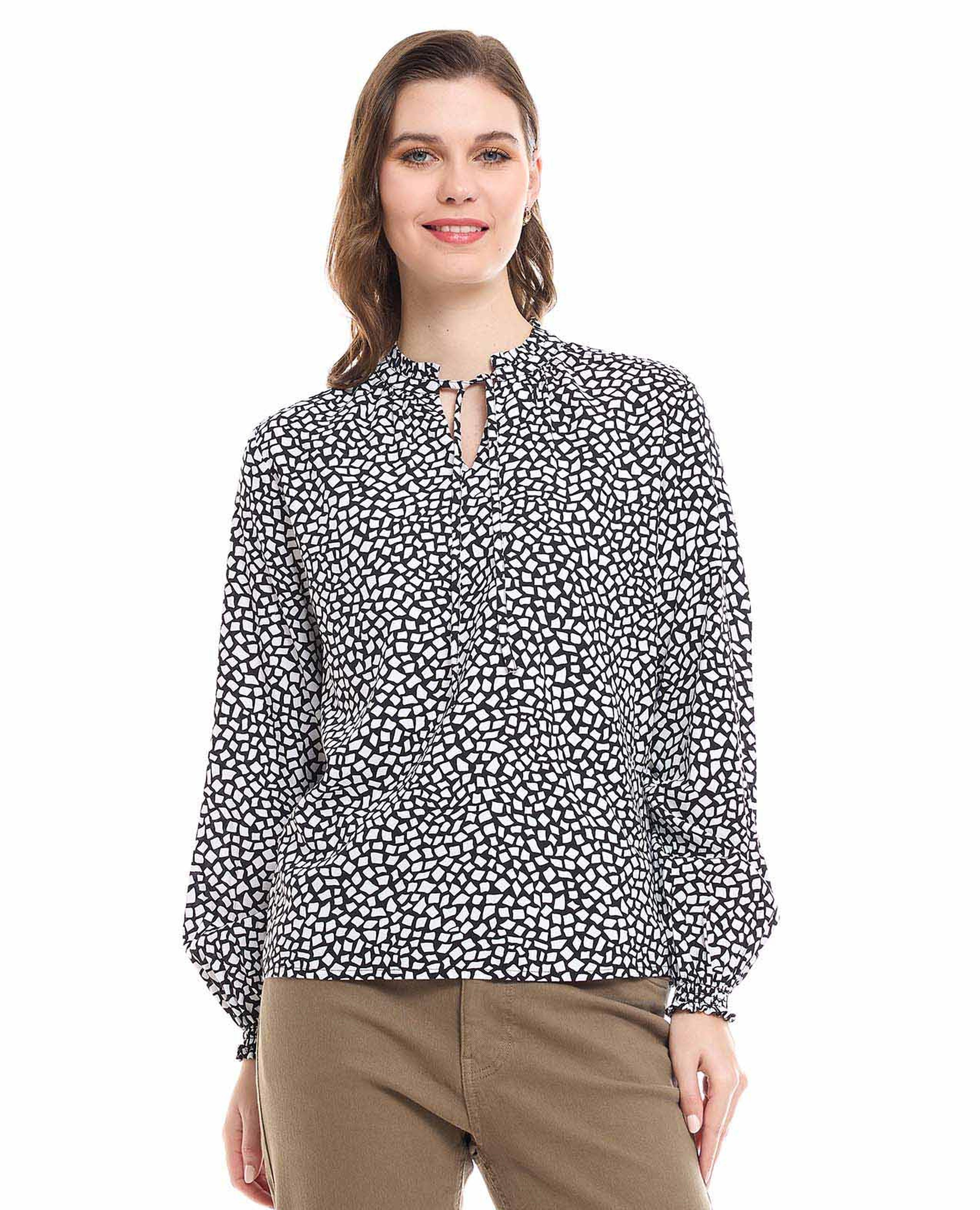 Patterned Top with Tie-Up Neck and Bishop Sleeves