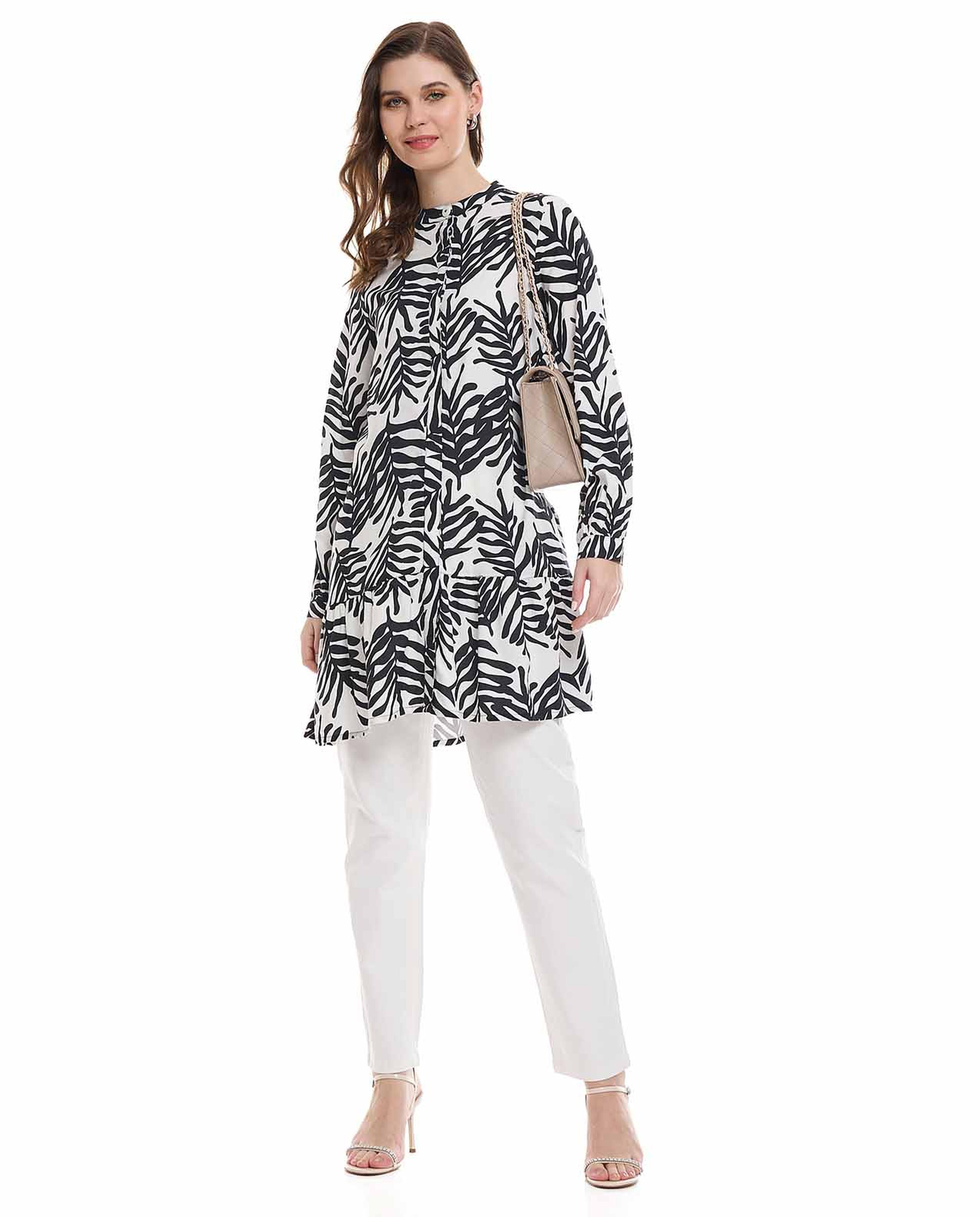 Patterned Tunic with Stand Collar and Long Sleeves