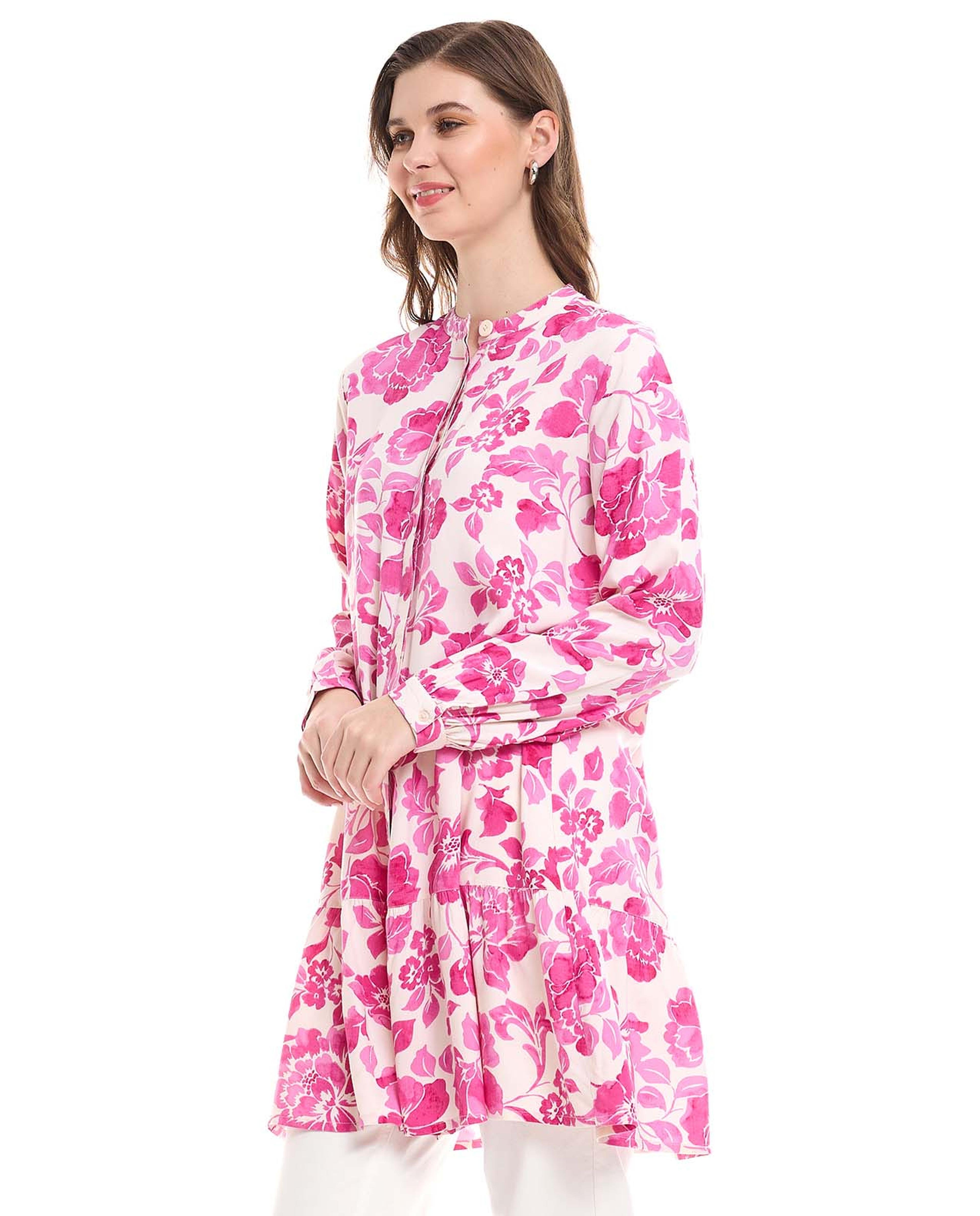 Floral Print Tunic with Stand Collar and Long Sleeves