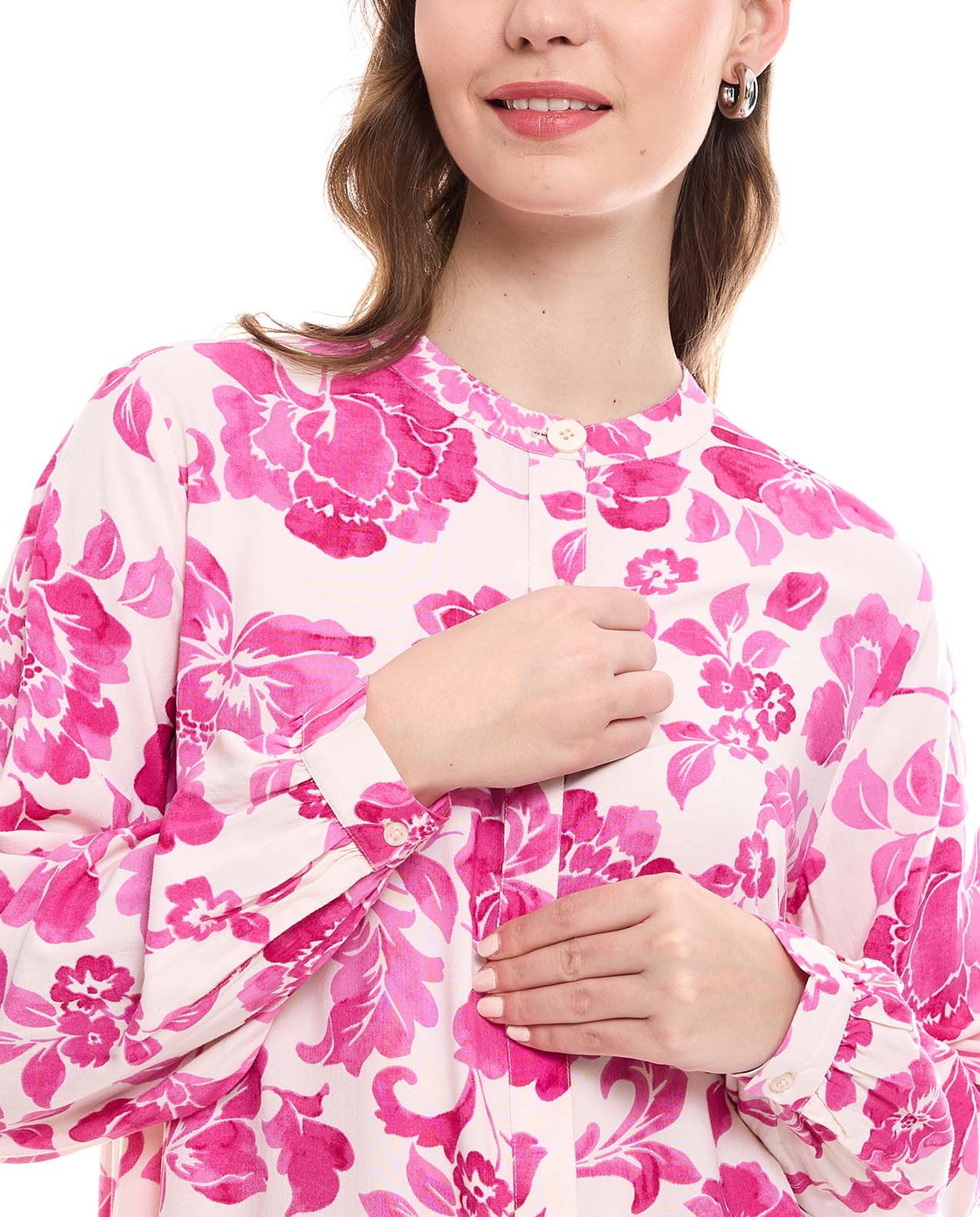 Floral Print Tunic with Stand Collar and Long Sleeves
