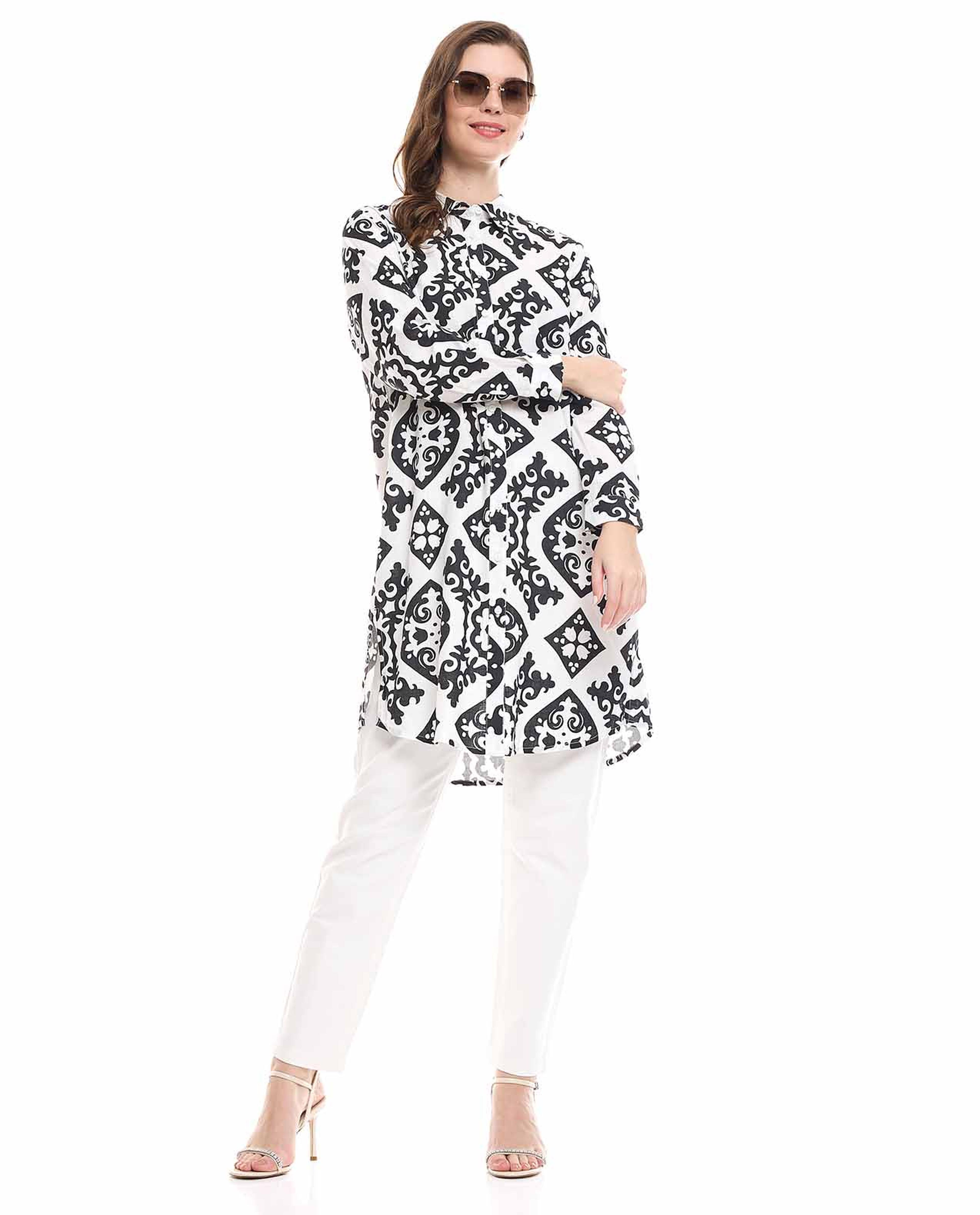 Patterned Tunic with Stand Collar and Long Sleeves