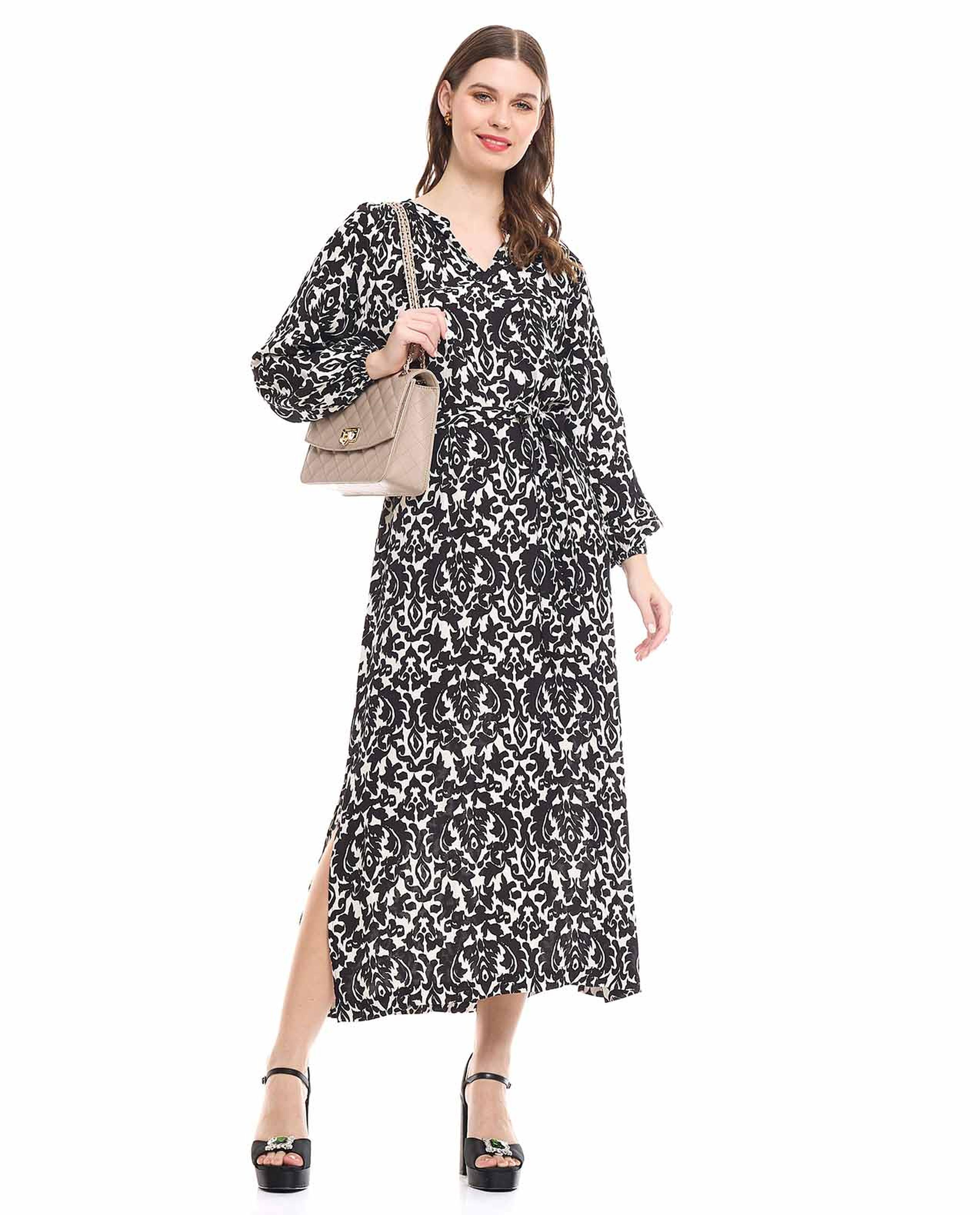 Patterned A-Line Dress with Stand Collar and Puff Sleeves