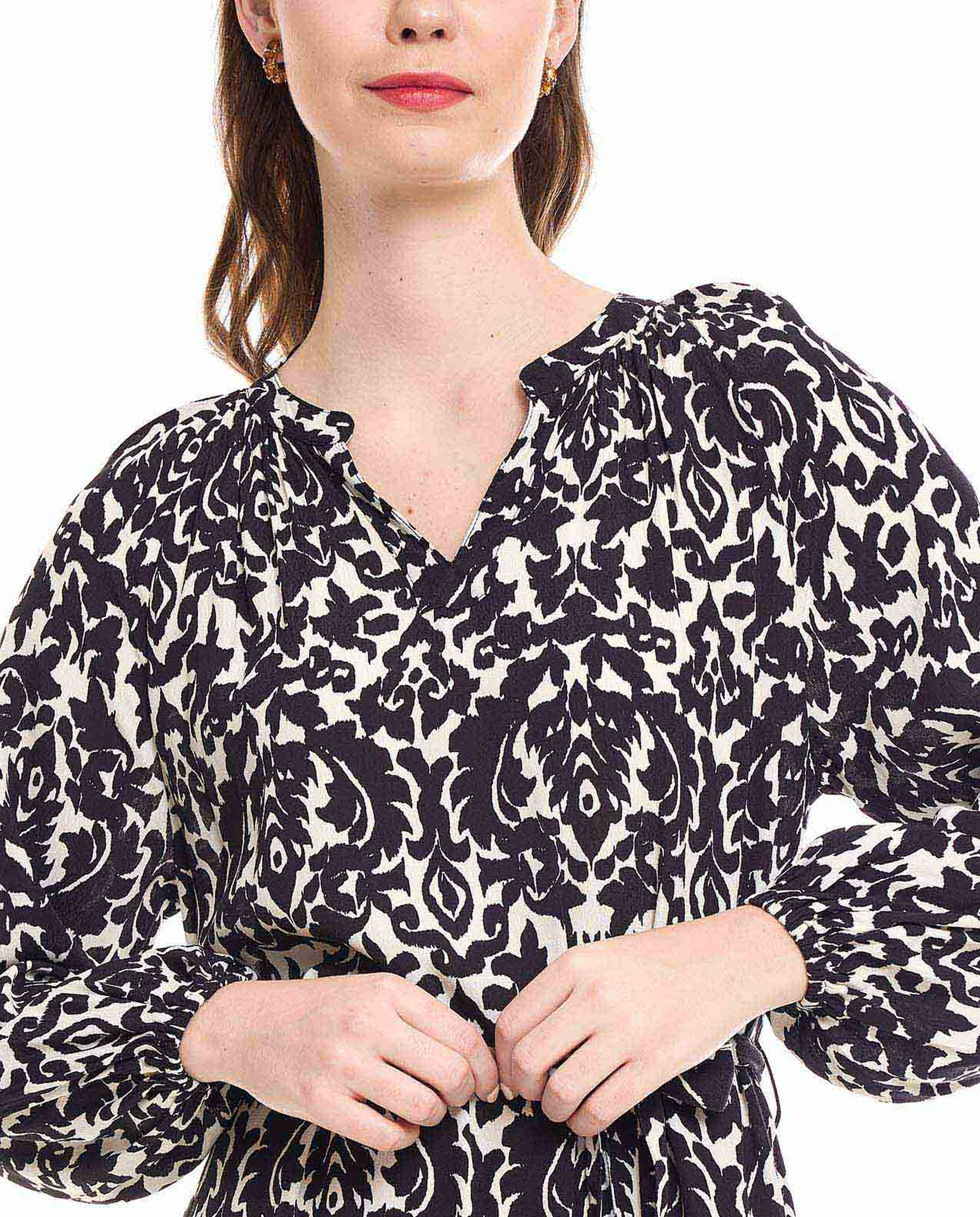 Patterned A-Line Dress with Stand Collar and Puff Sleeves