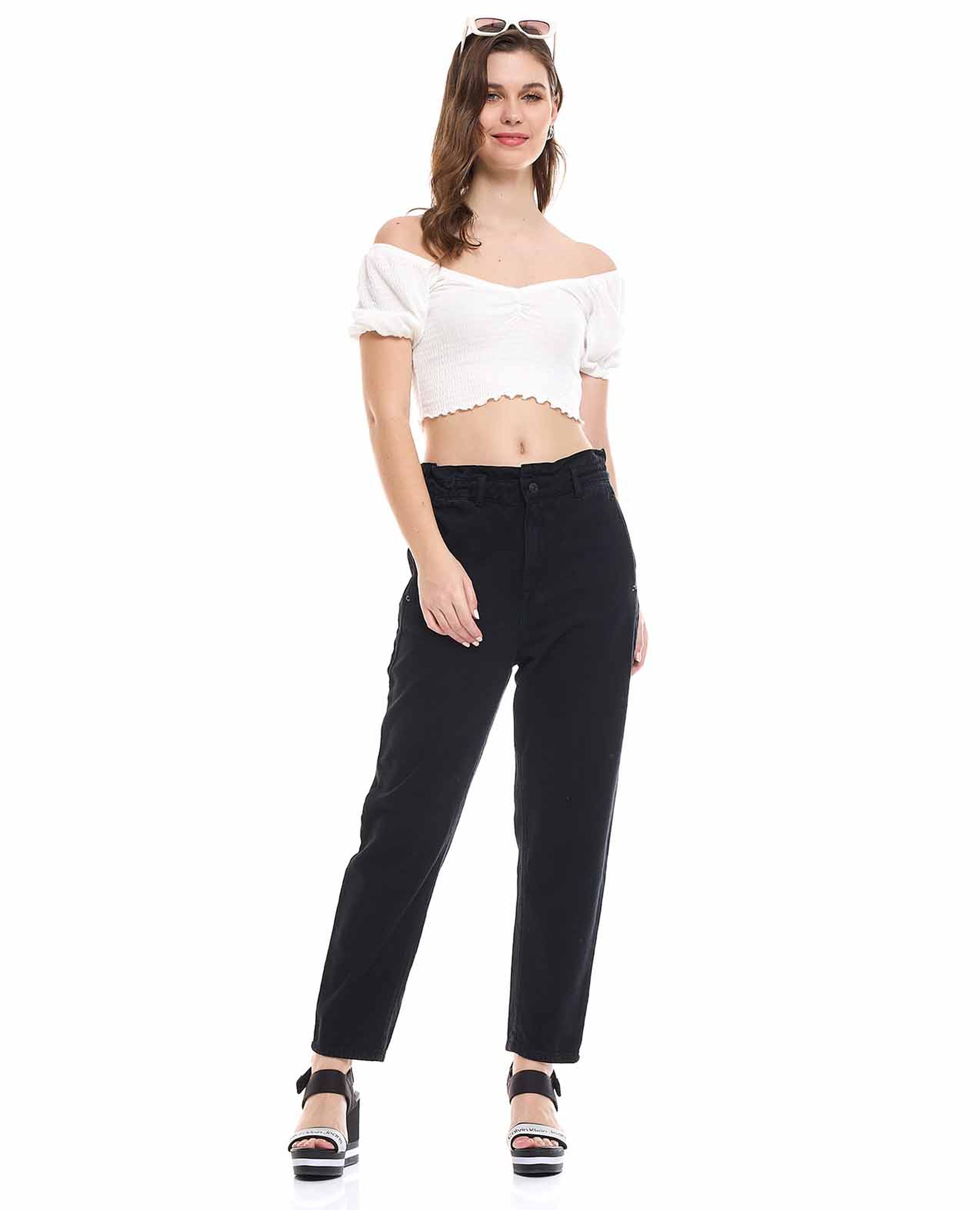 Solid Slouchy Jeans with Button Closure