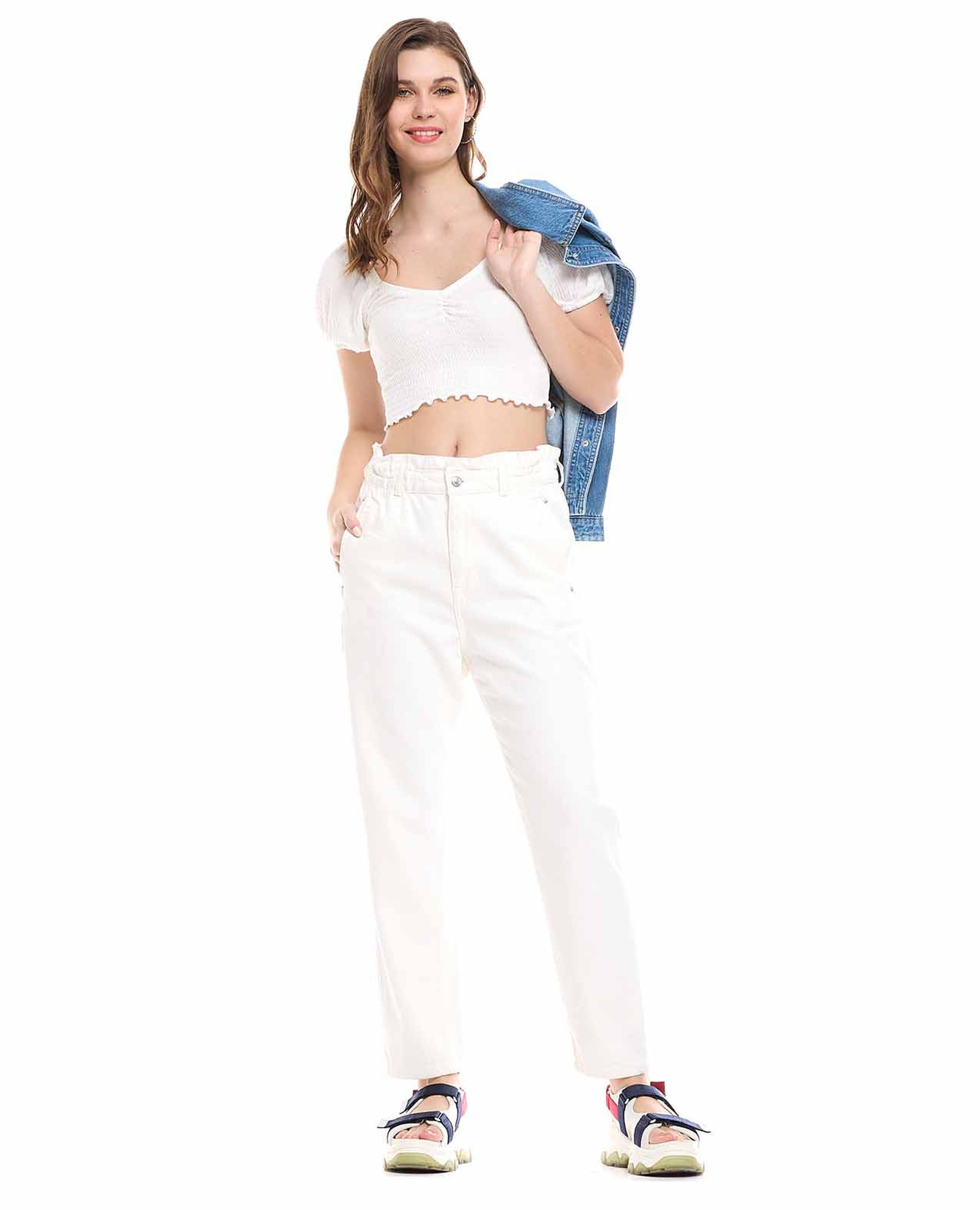 Solid Slouchy Jeans with Button Closure