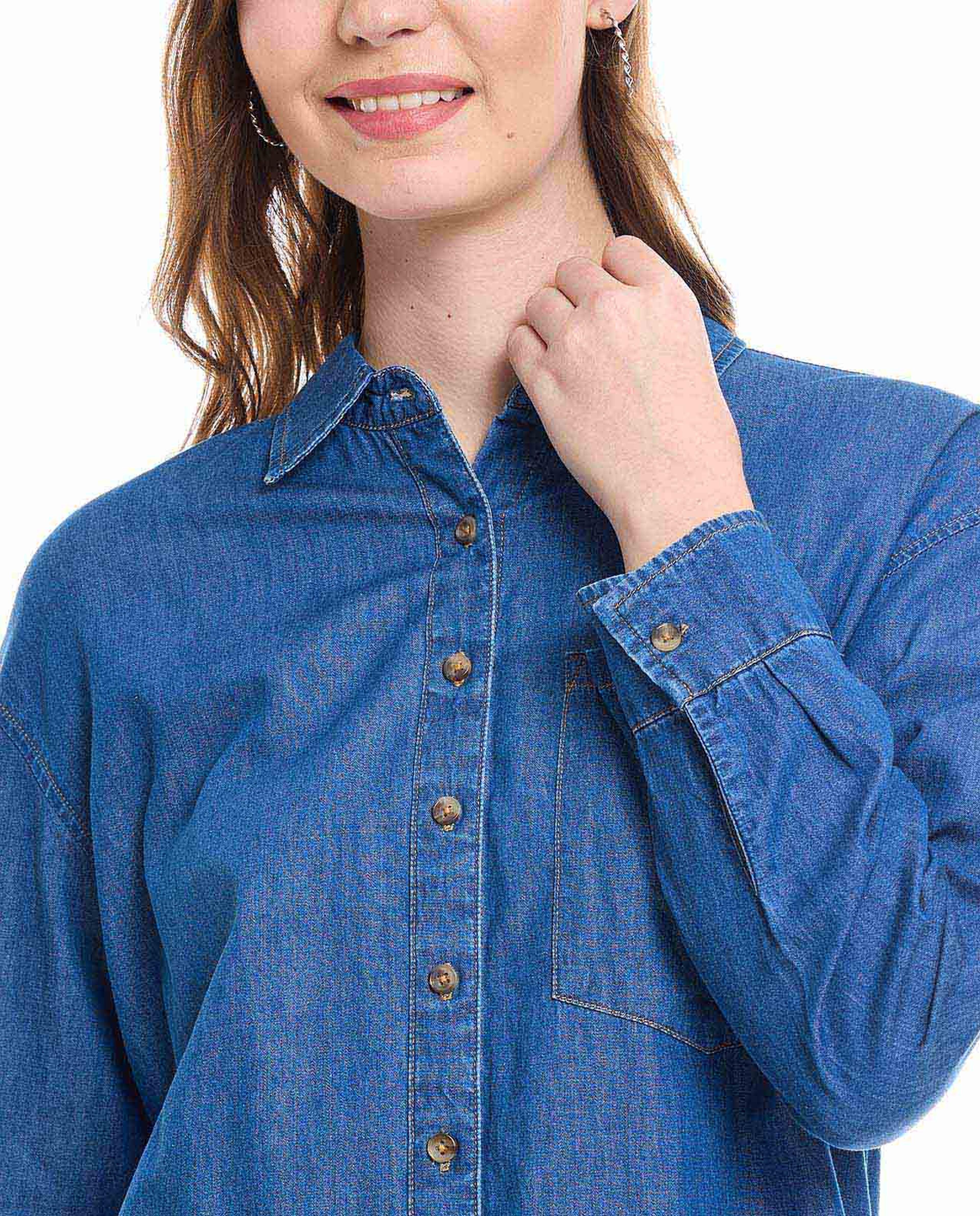 Denim Shirt with Classic Collar and Long Sleeves
