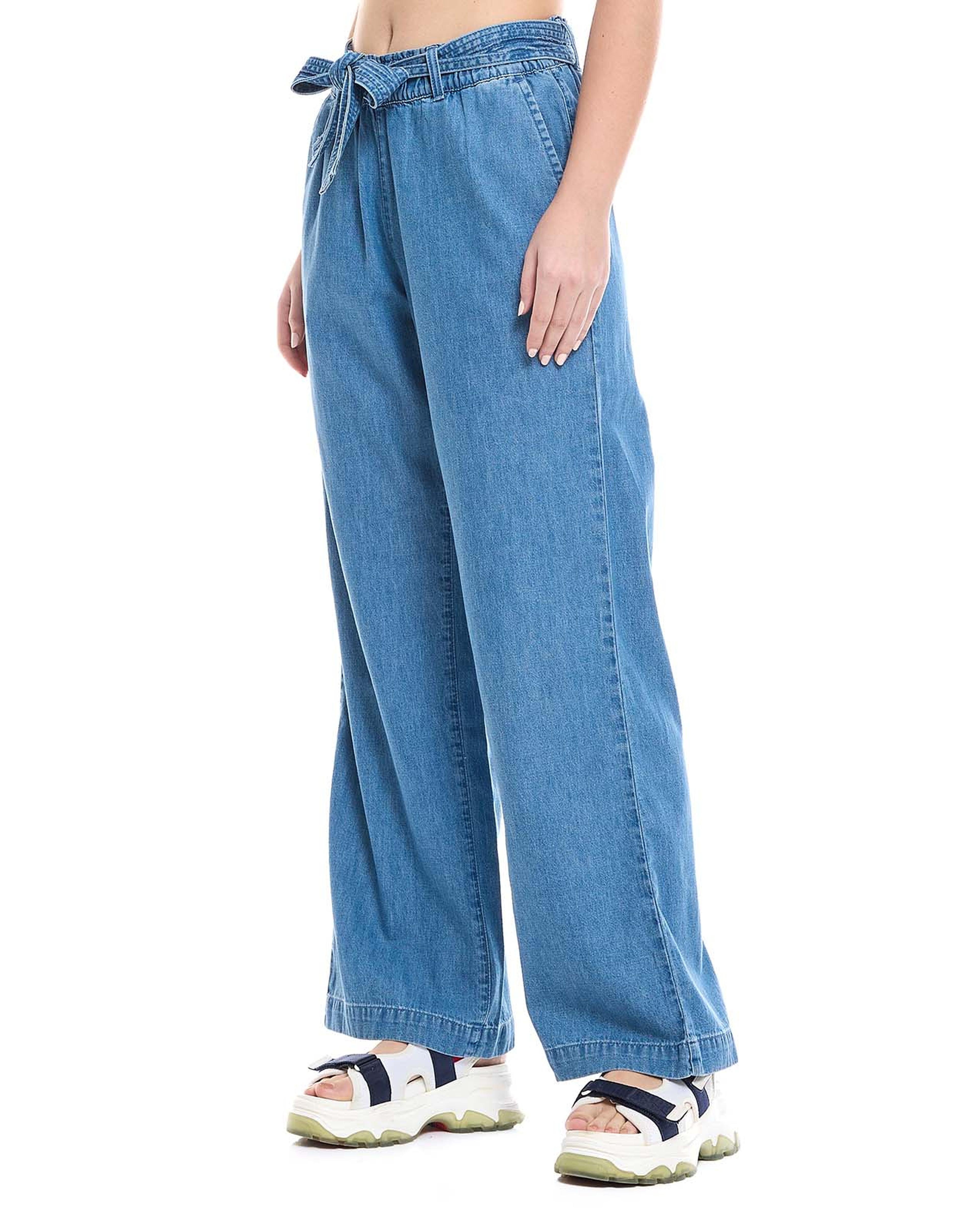 Washed Wide Leg Jeans with Elastic Waist