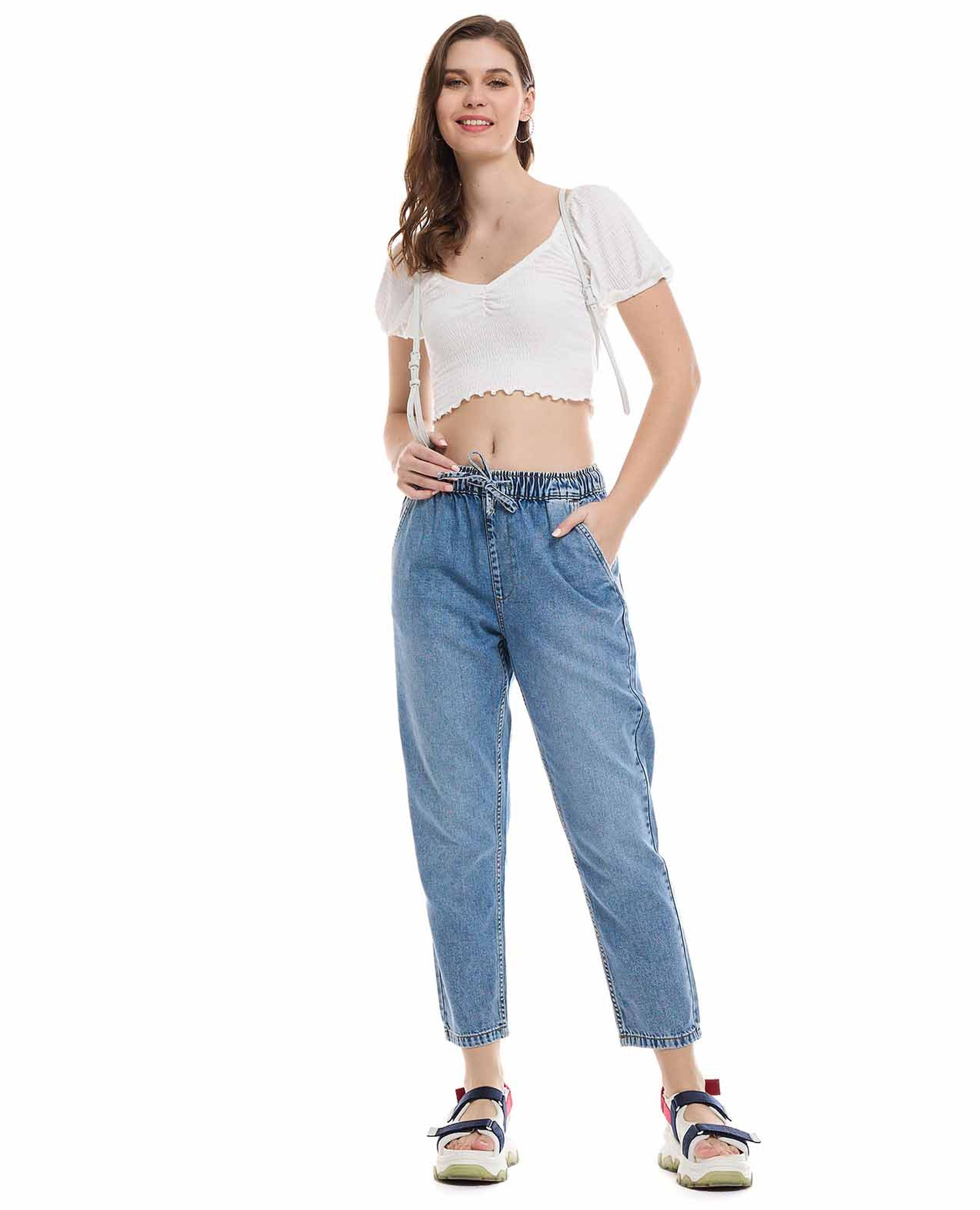 Faded Mom Fit Jeans with Elastic Waist