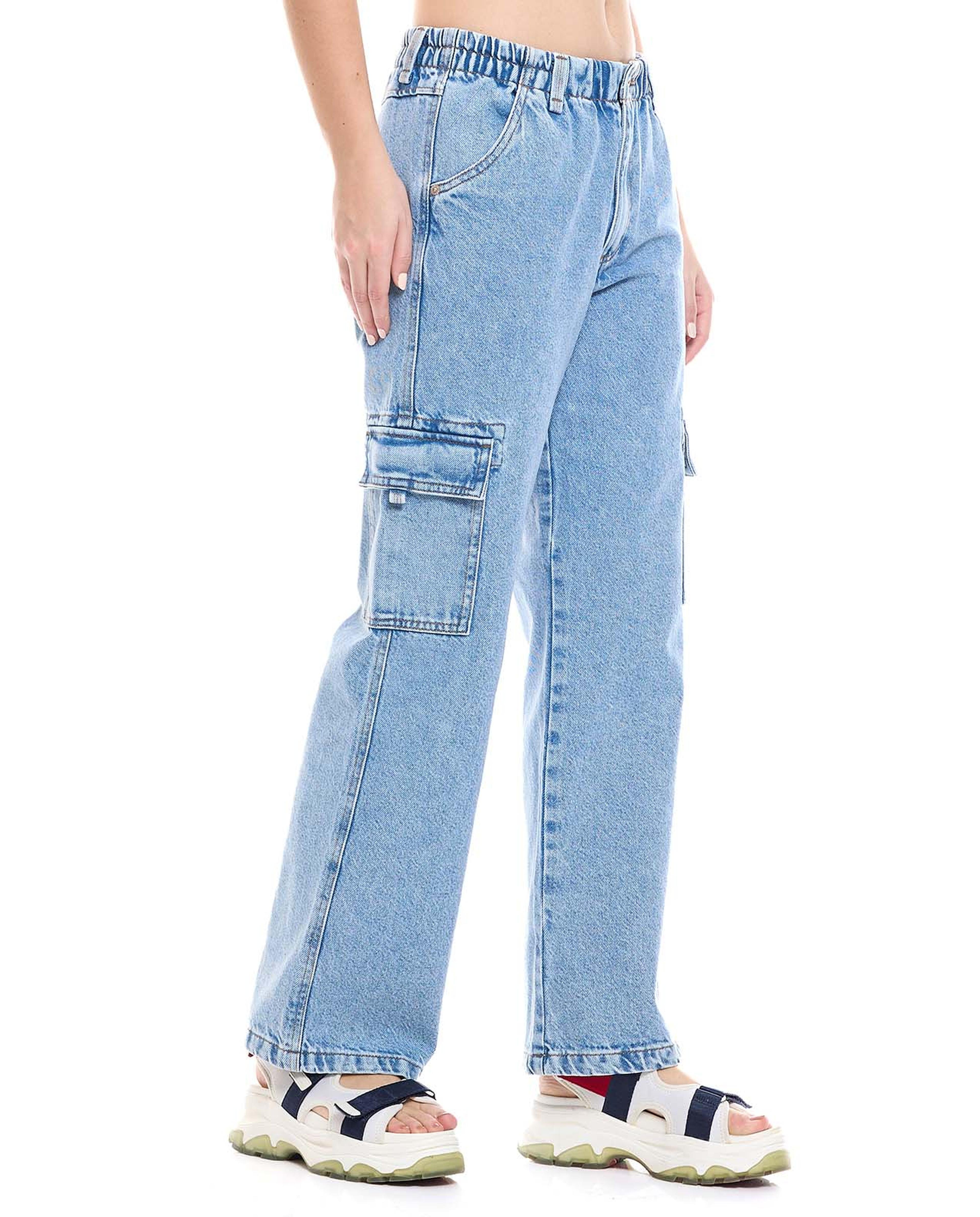 Faded Cargo Jeans with Elastic Waist