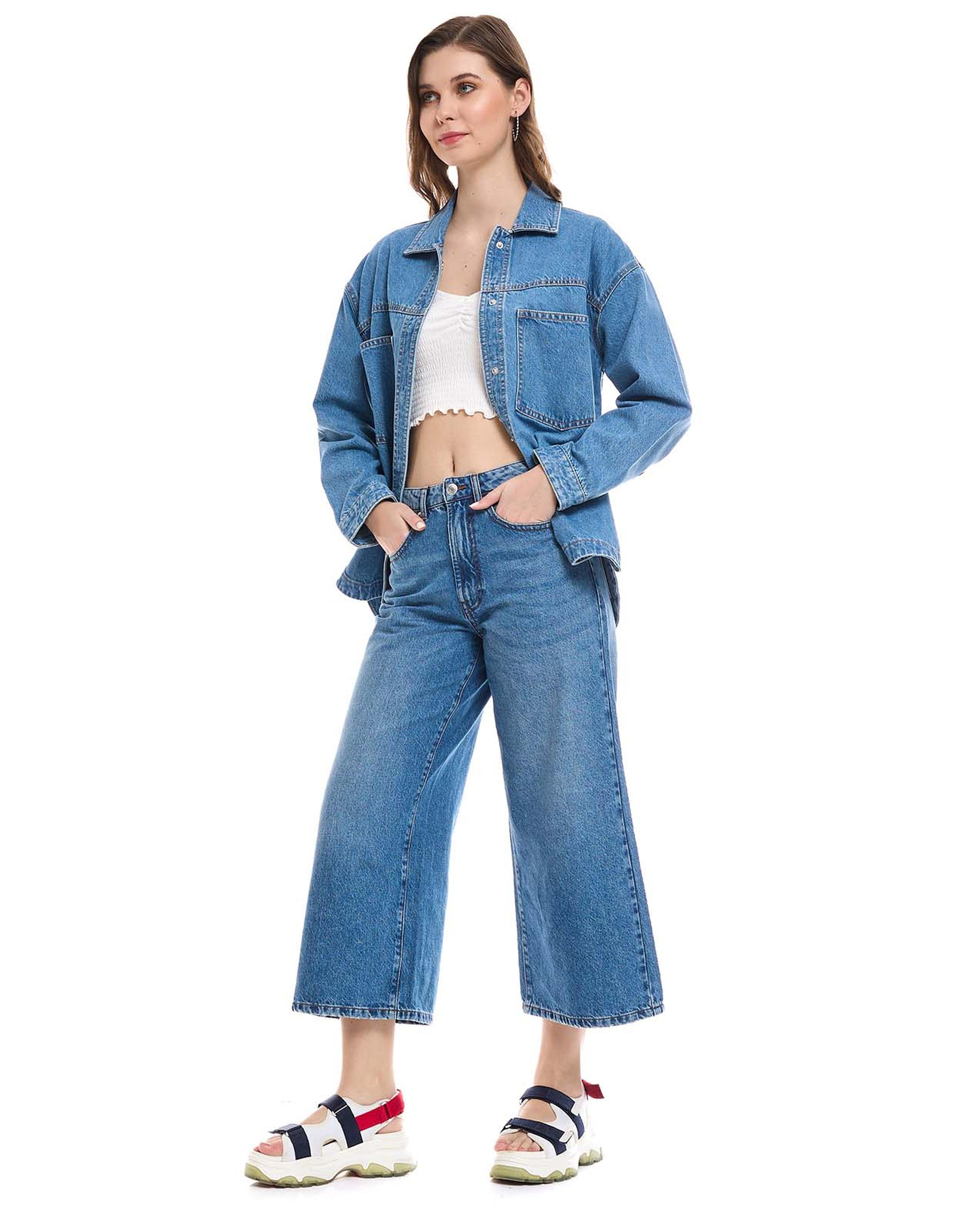 Faded Wide Leg Jeans with Button Closure