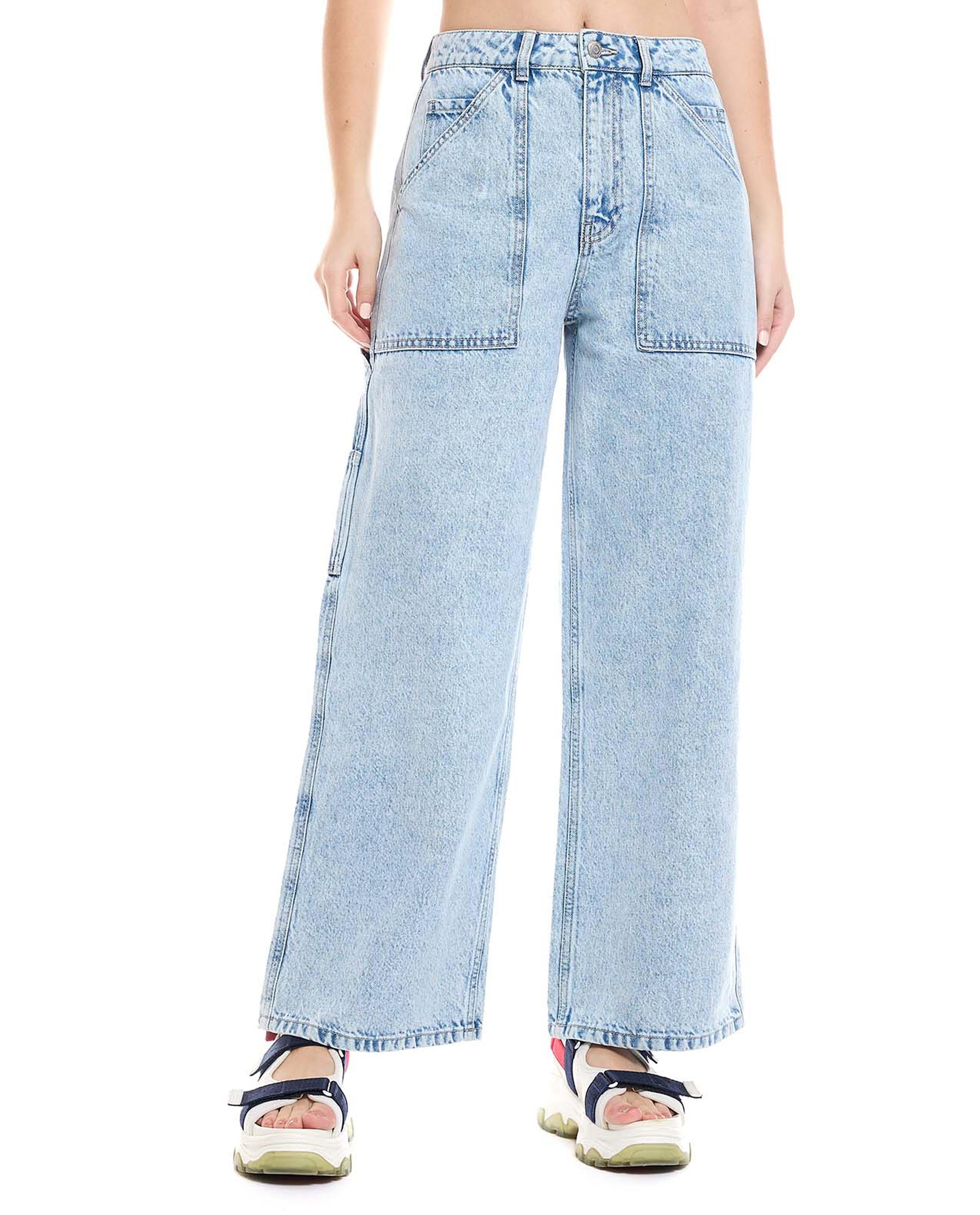 Faded Wide Leg Jeans with Button Closure