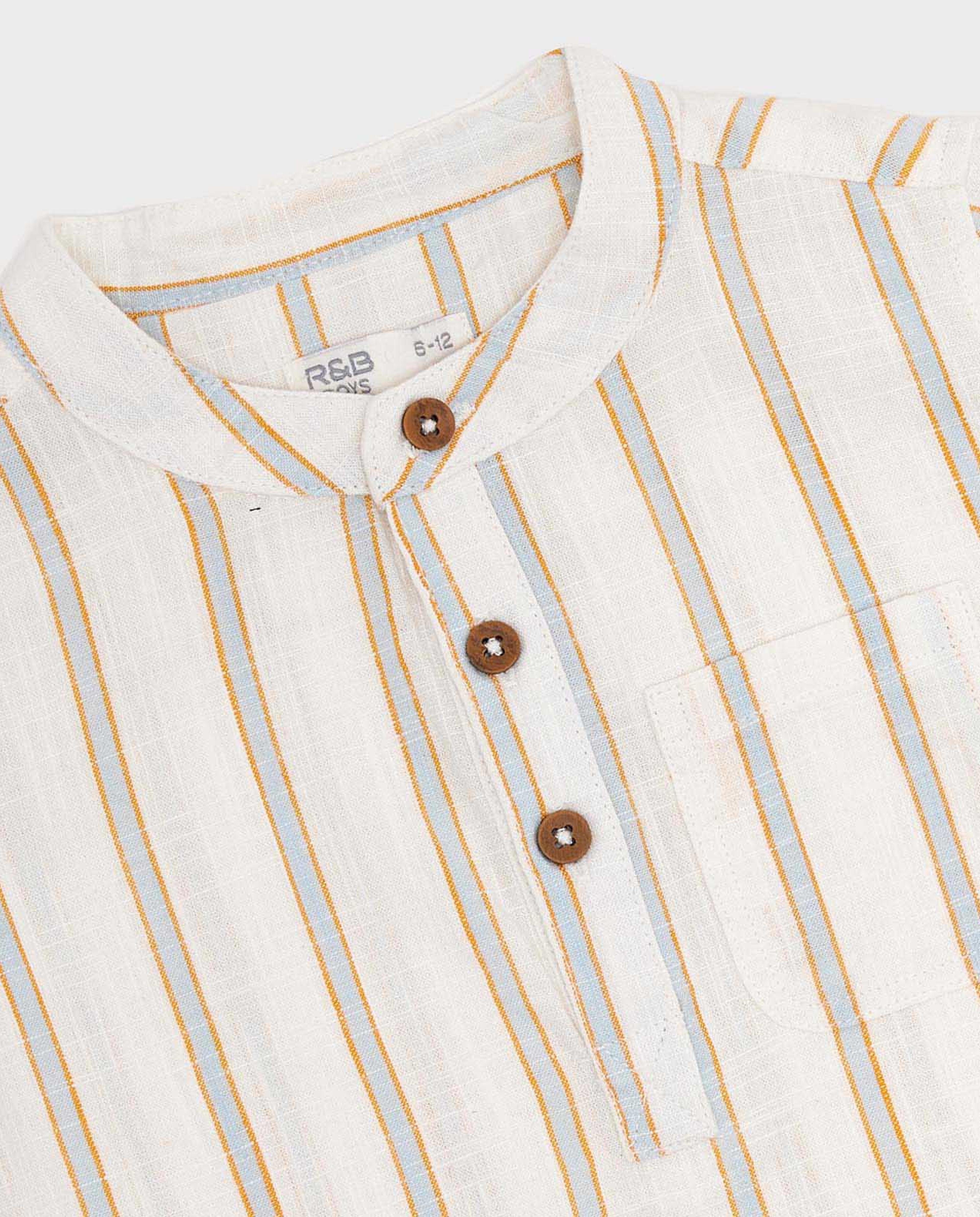 Striped Shirt with Mandarin Collar and Short Sleeves