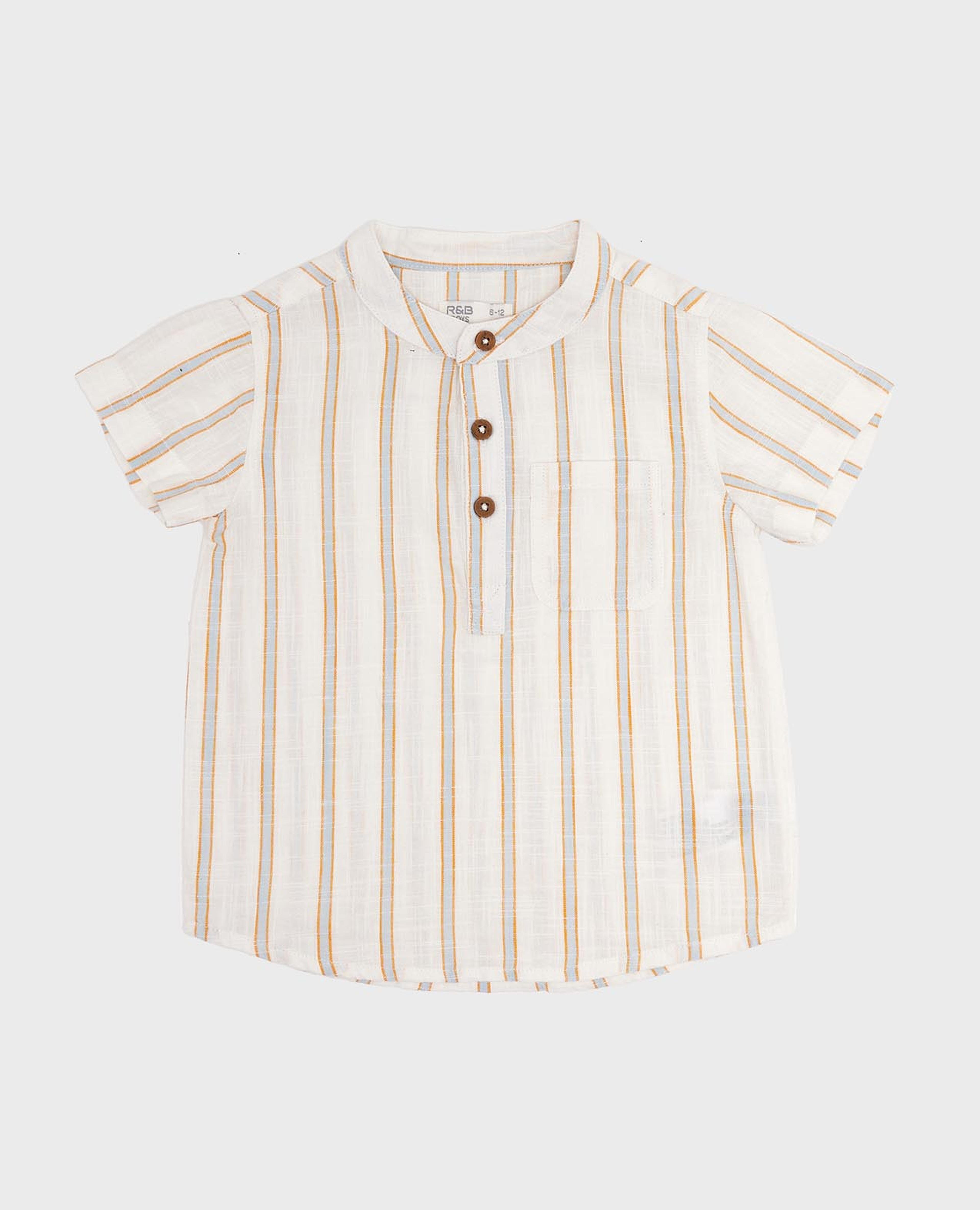 Striped Shirt with Mandarin Collar and Short Sleeves