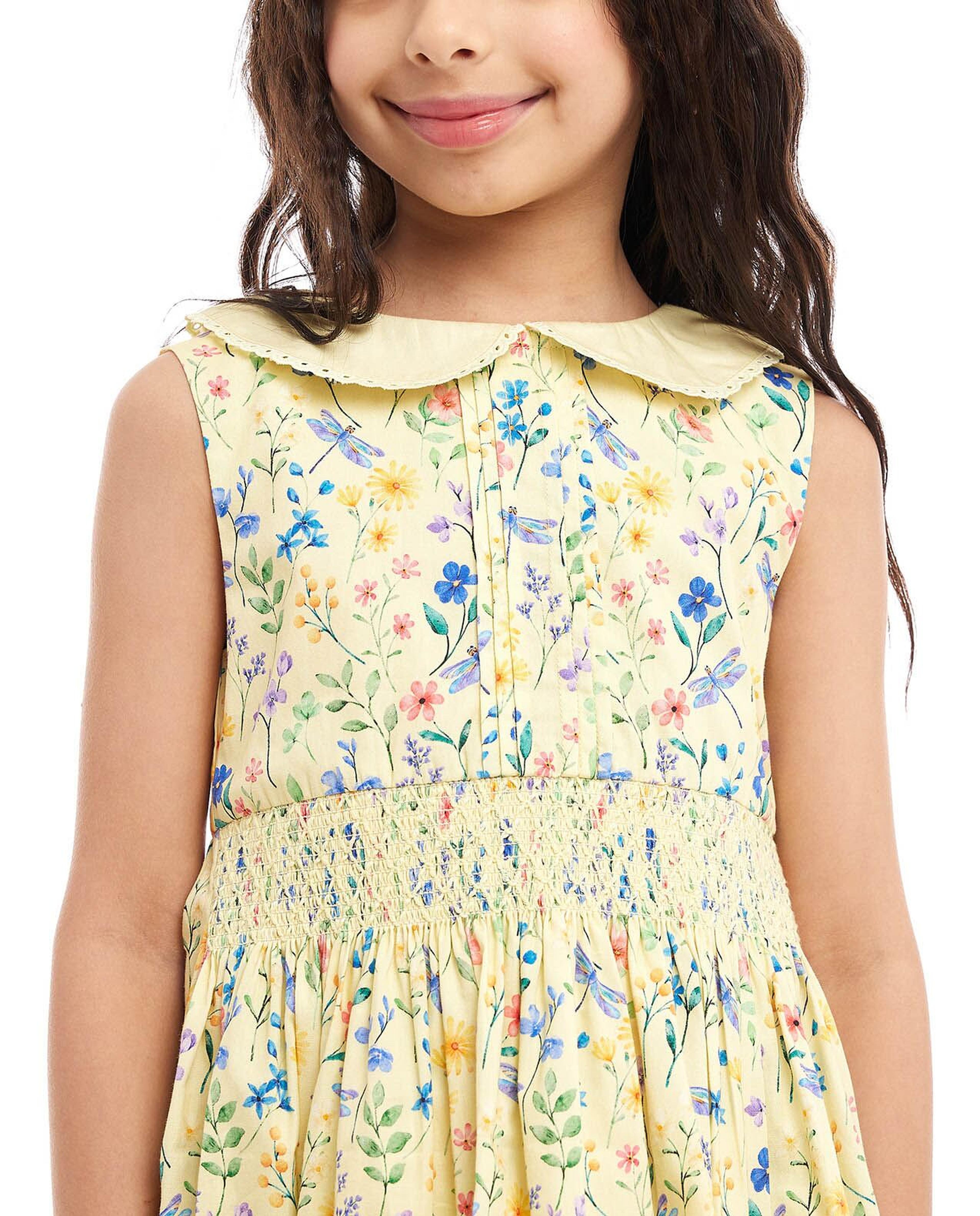 Floral Print Sleeveless Dress with Baby Collar