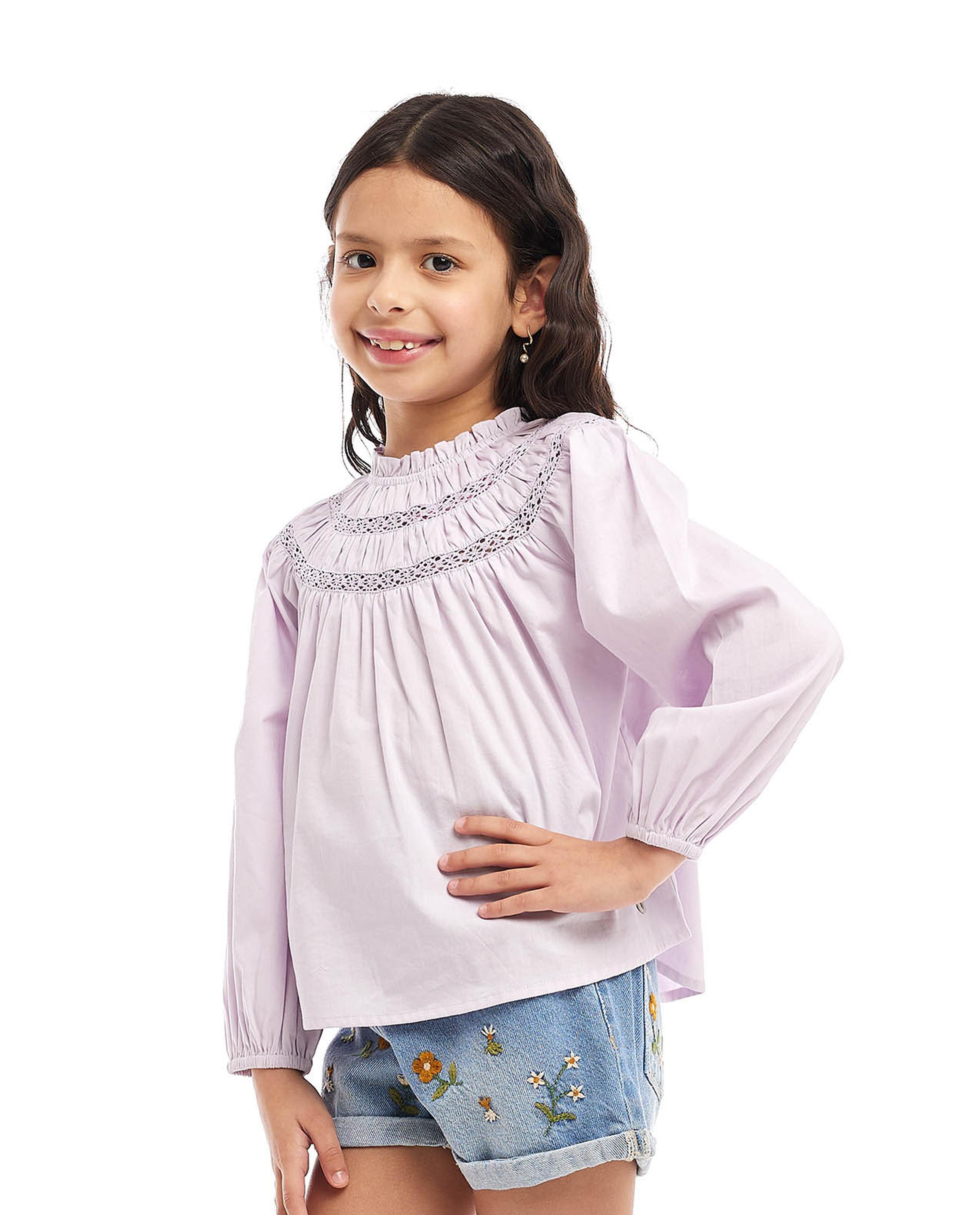 Smocked Top with Crew Neck and Puff Sleeves