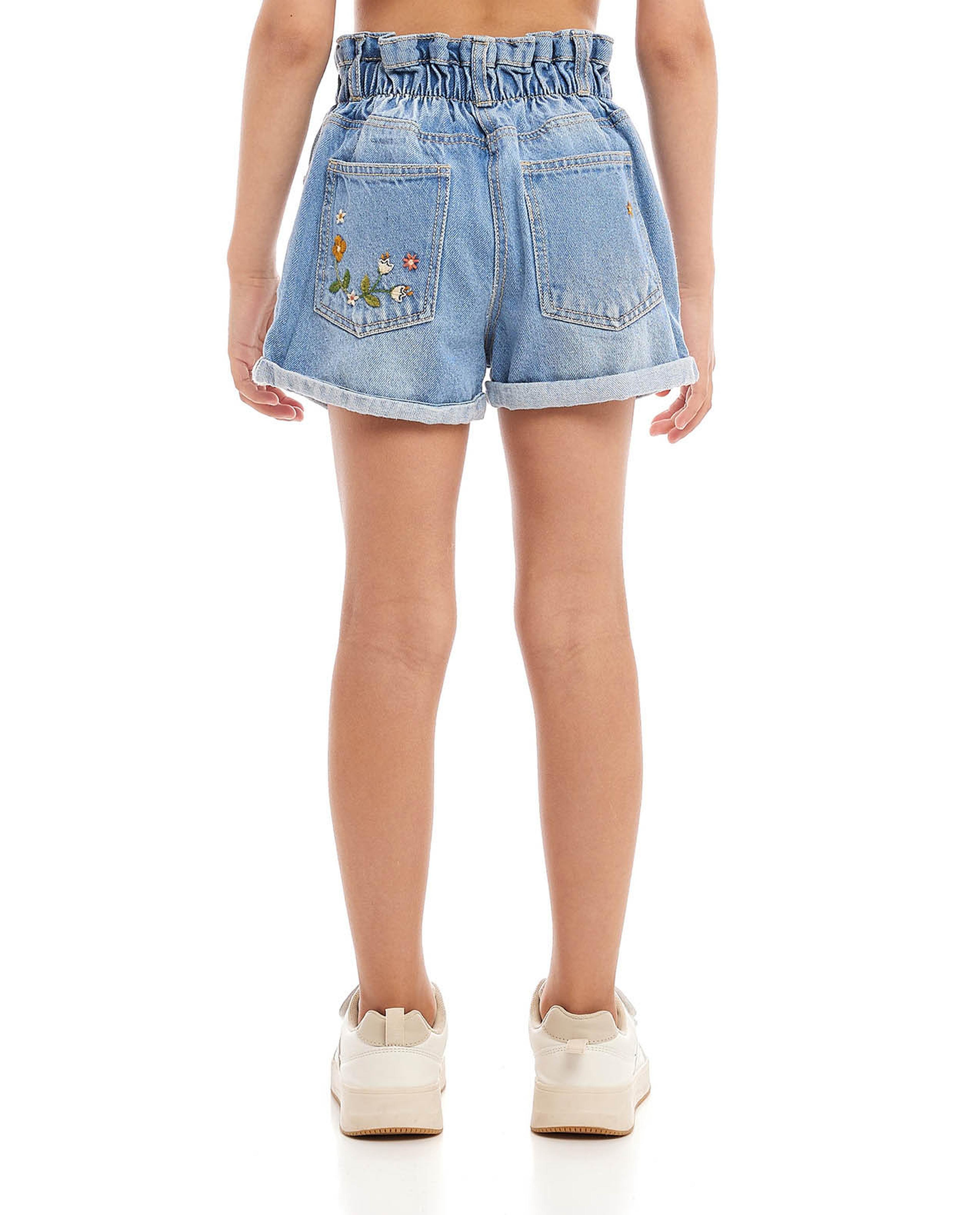 Embroidered Shorts with Button Closure