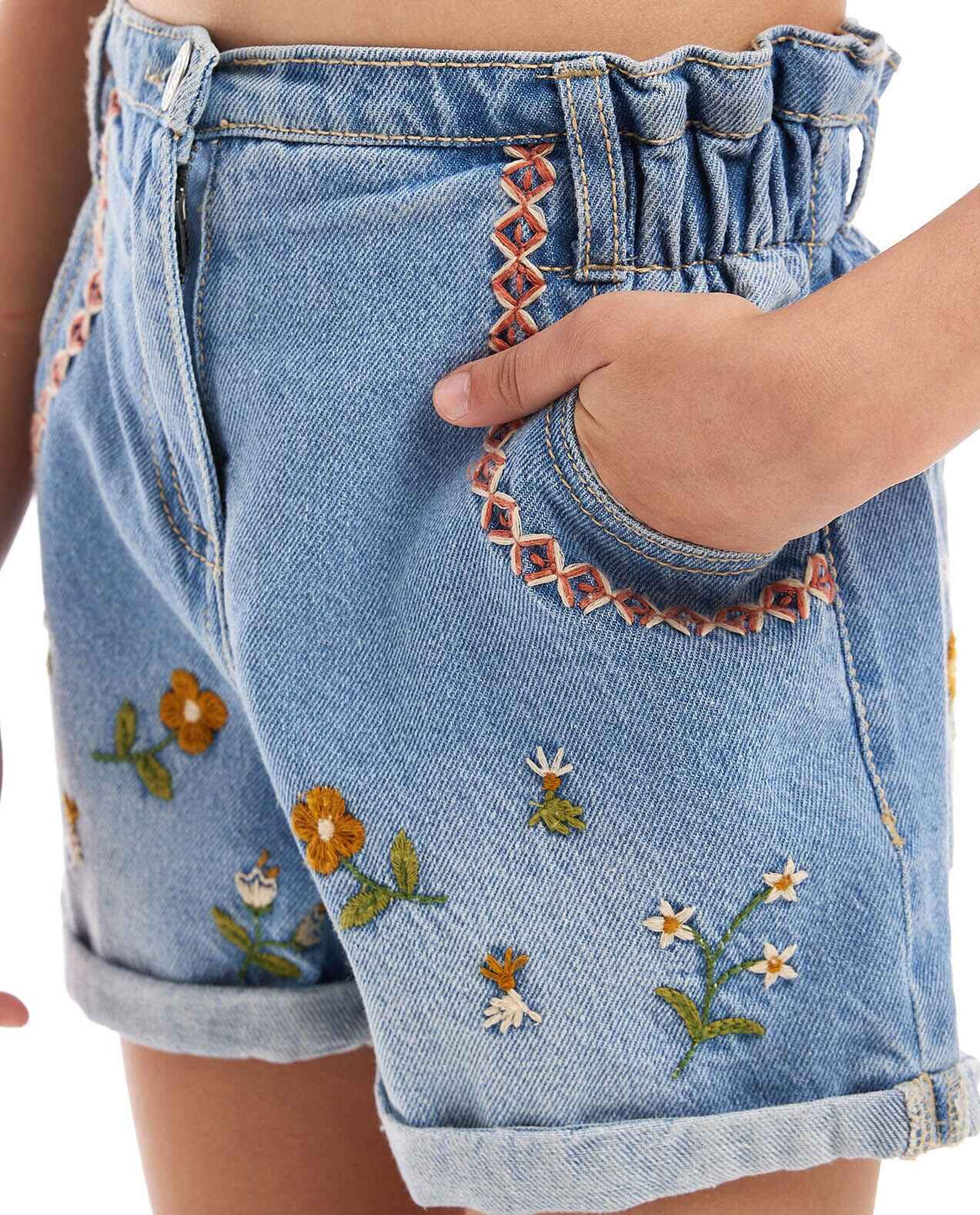 Embroidered Shorts with Button Closure