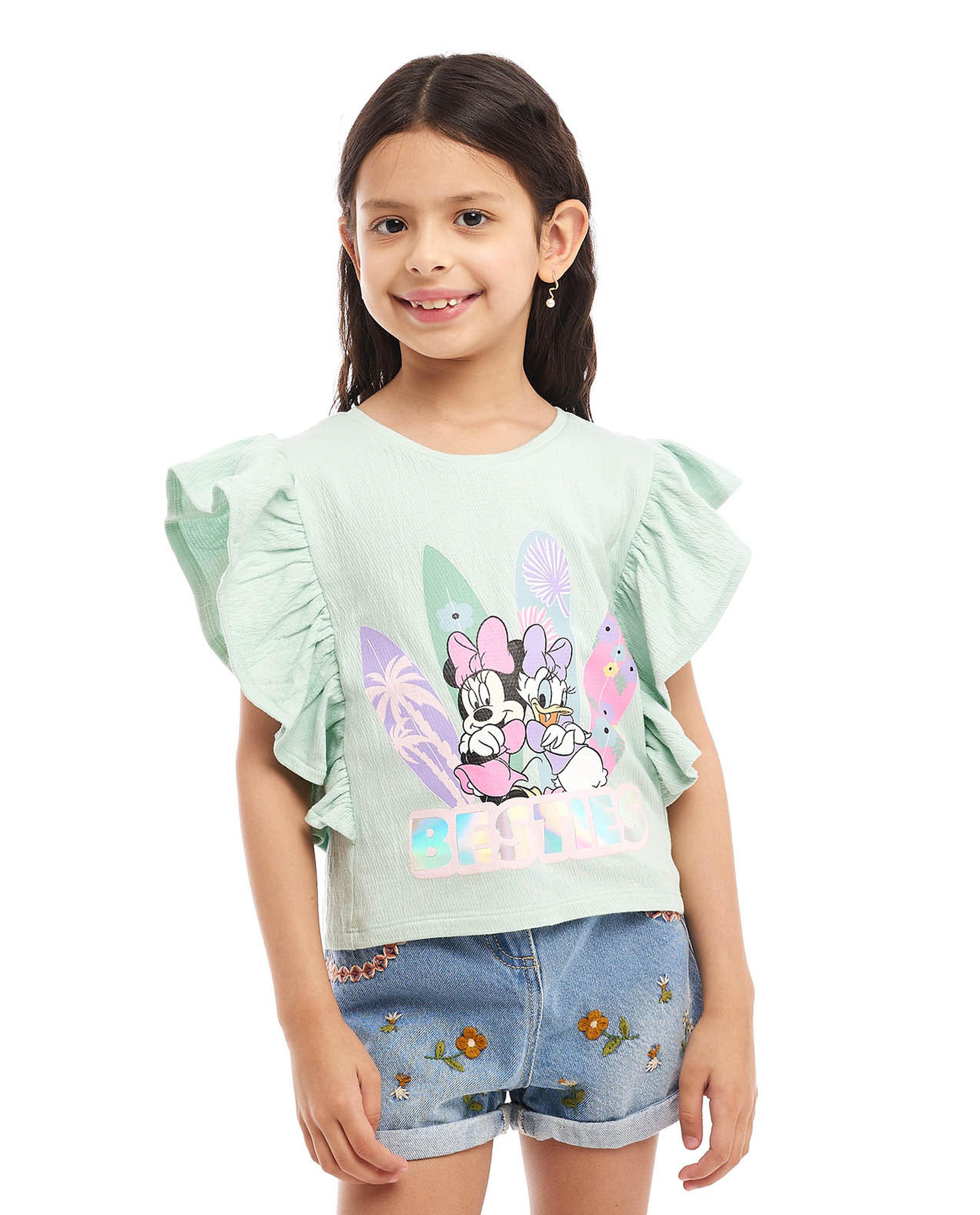 Minnie & Daisy Print Top with Crew Neck and Flutter Sleeves