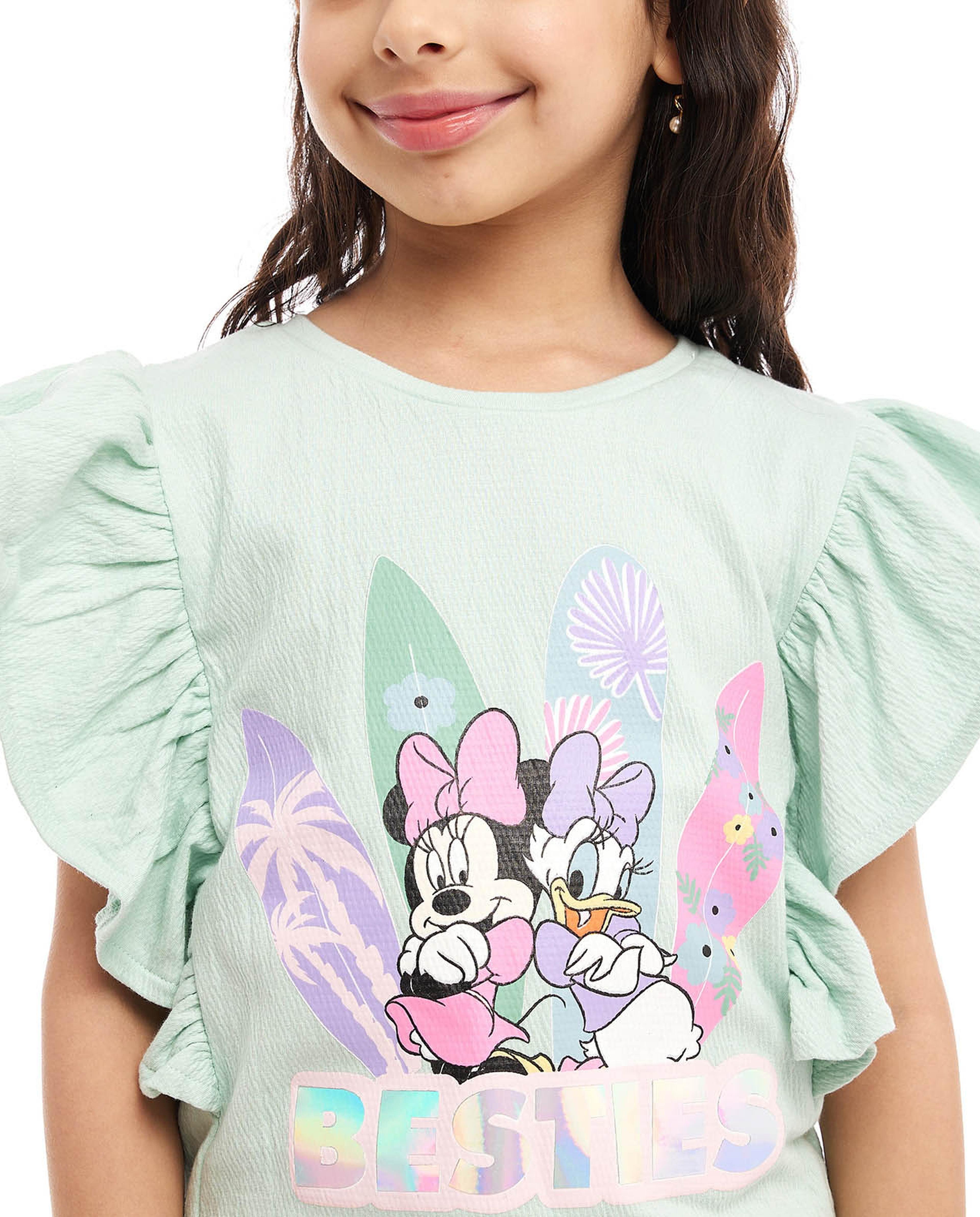 Minnie & Daisy Print Top with Crew Neck and Flutter Sleeves