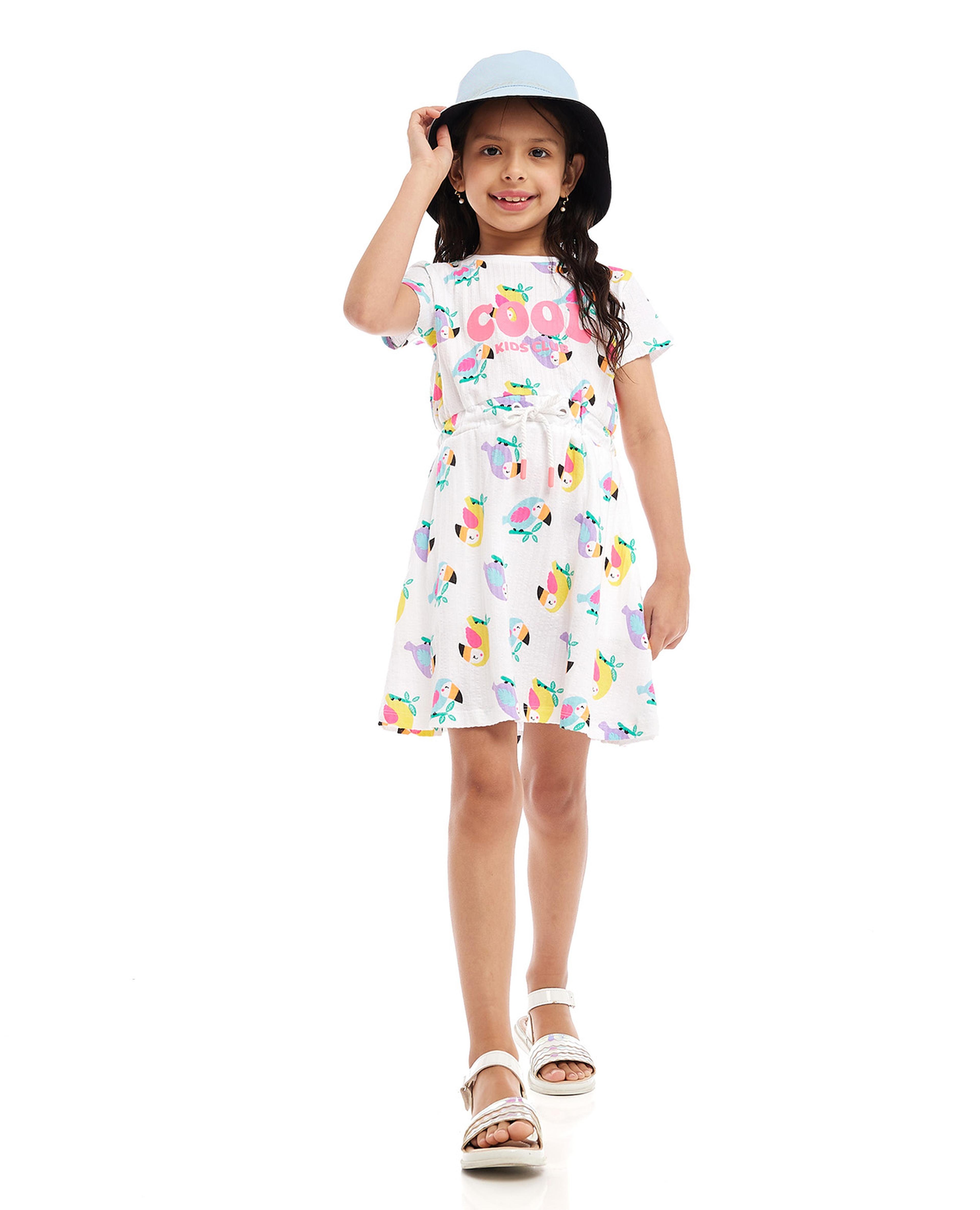 Printed Fit and Flare Dress with Crew Nek and Short Sleeves