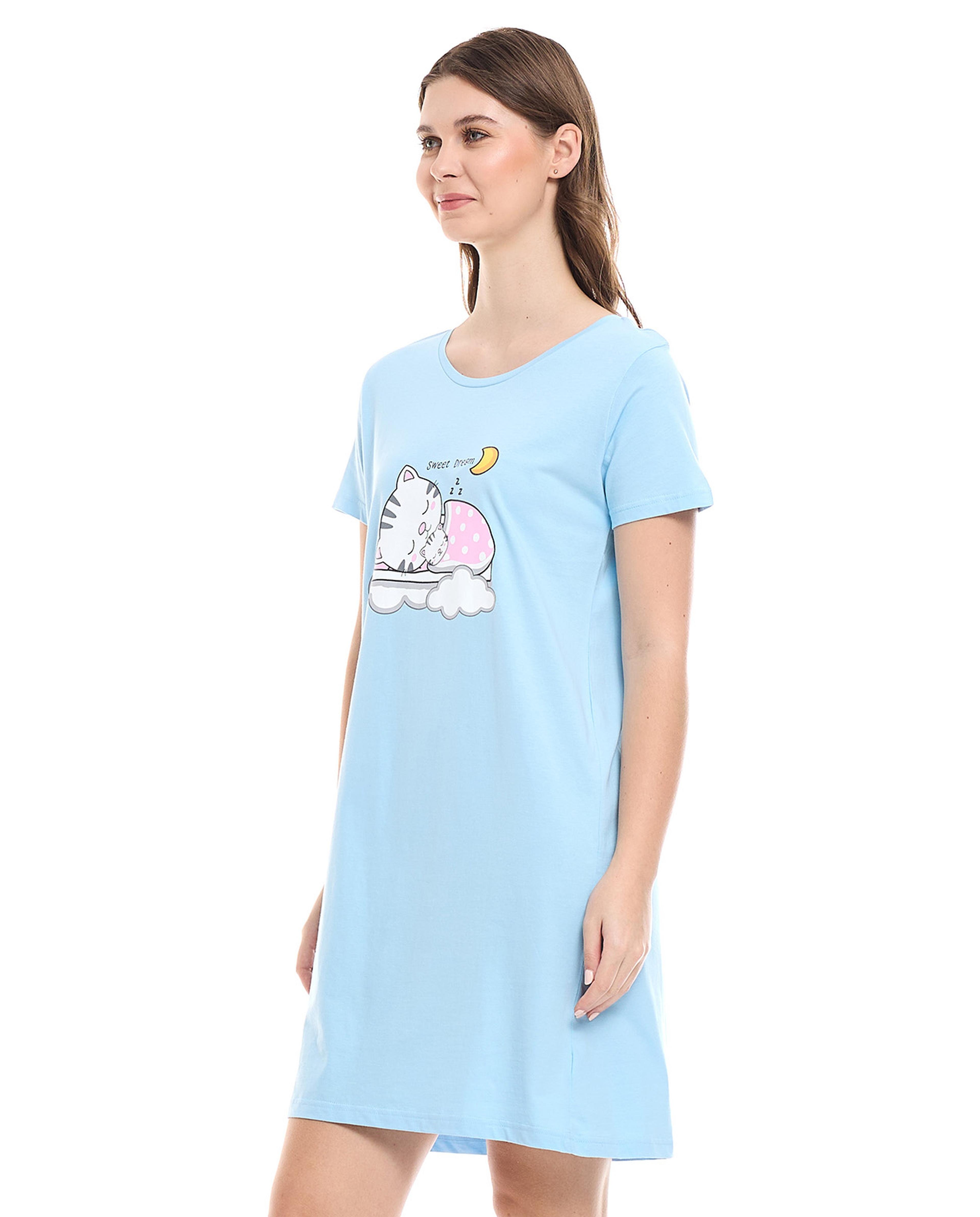 Graphic Print Nightdress with Short Sleeves