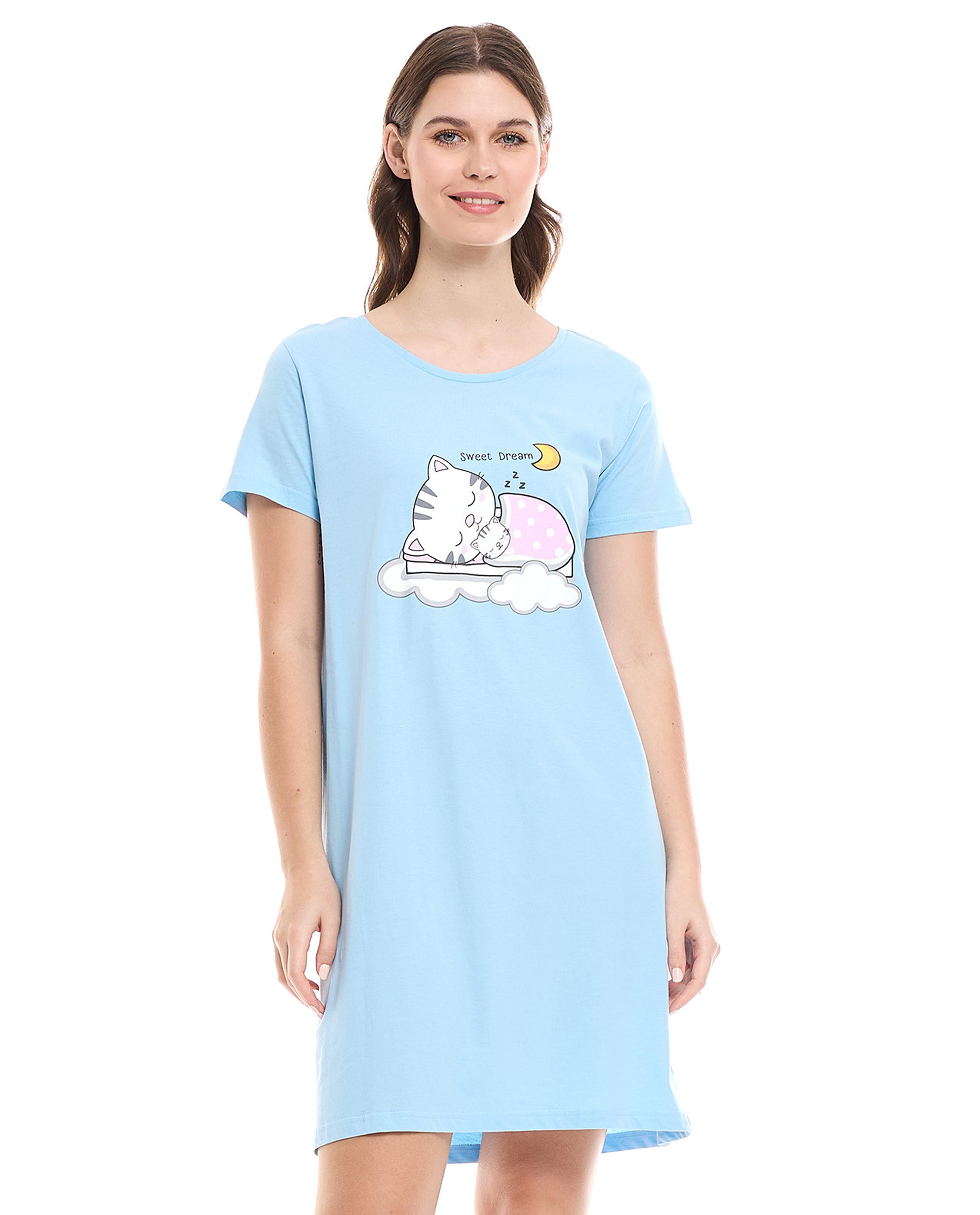 Graphic Print Nightdress with Short Sleeves