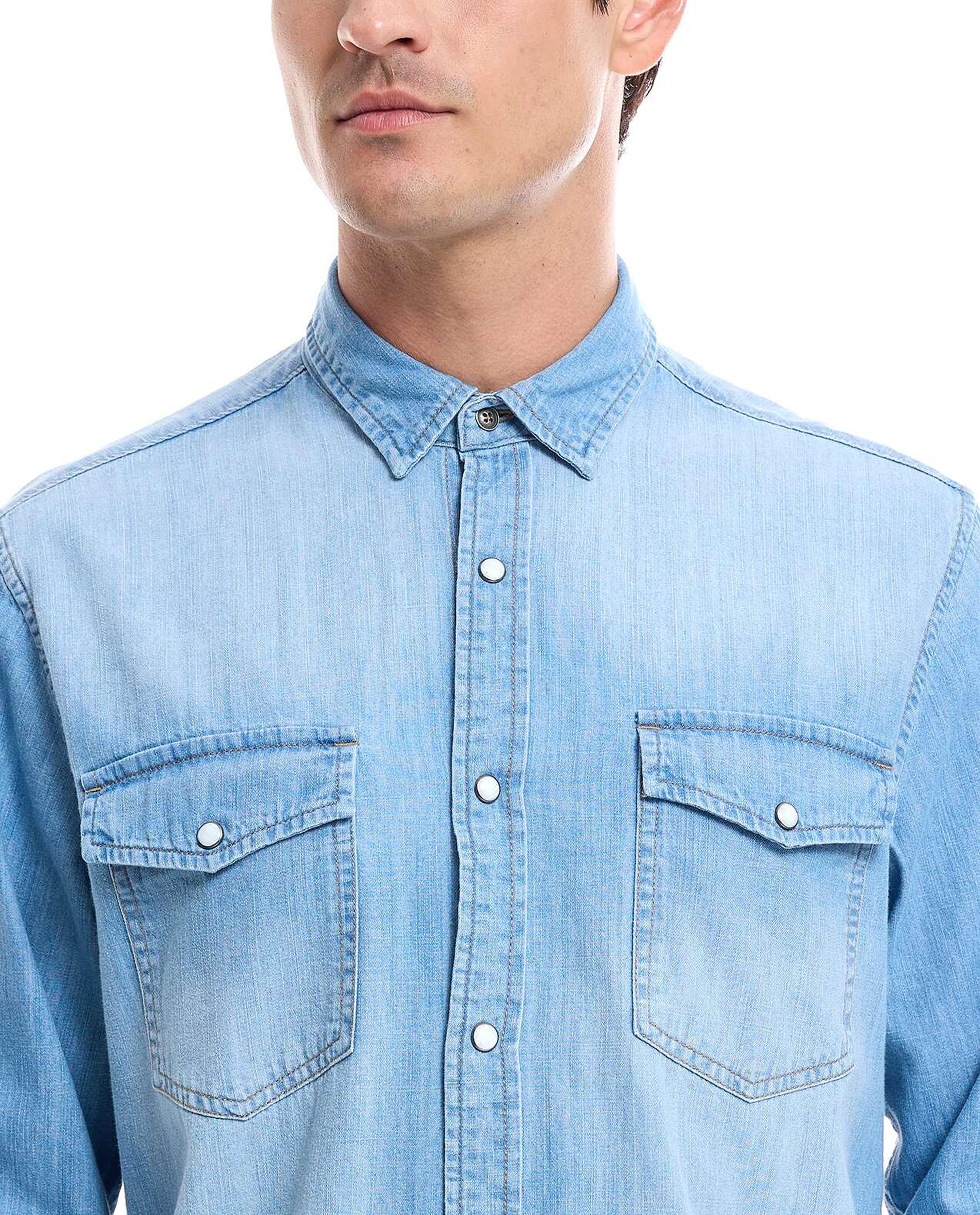 Faded Denim Shirt with Classic Collar and Long Sleeves