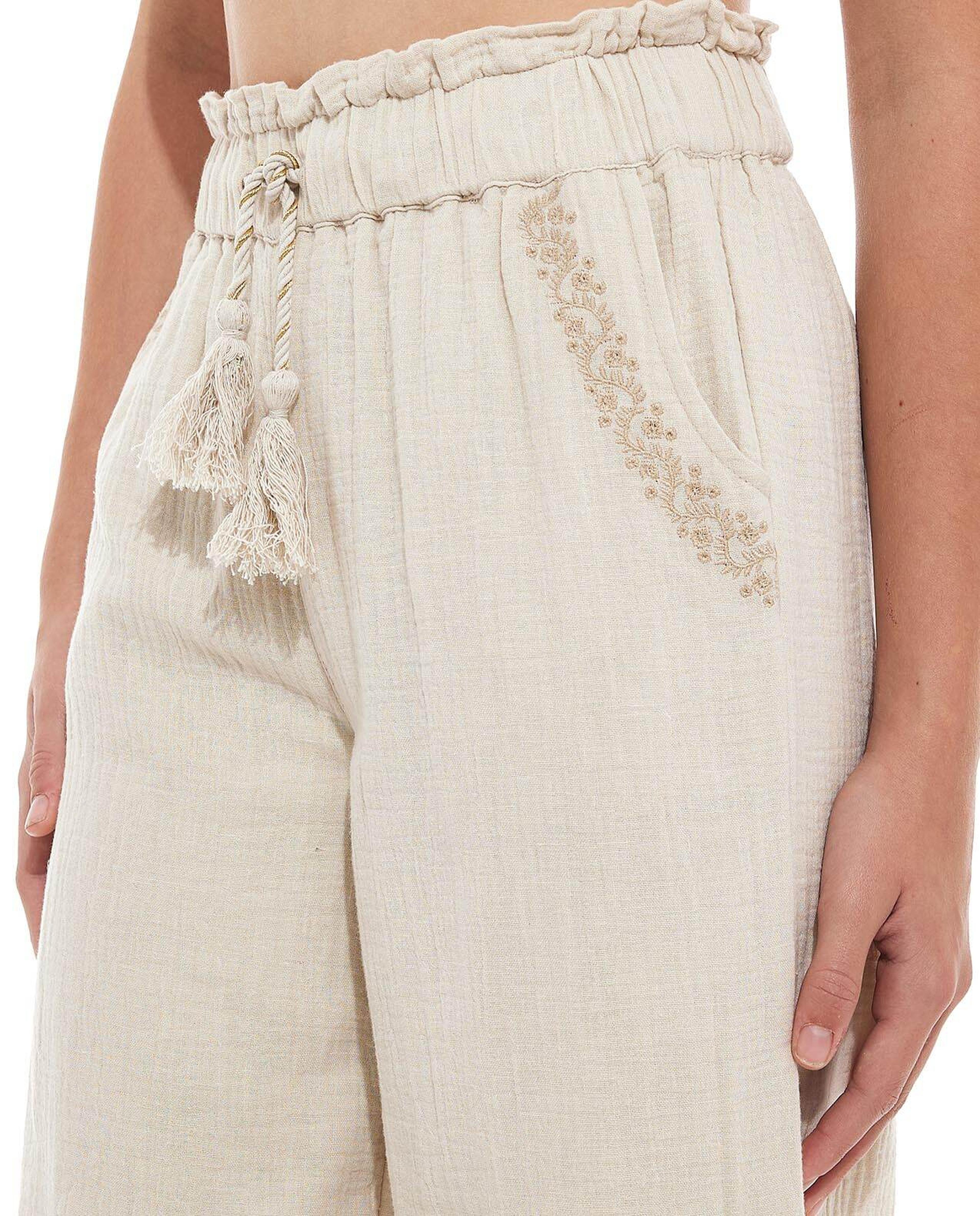 Embroidered Wide Leg Pants with Drawstring Waist