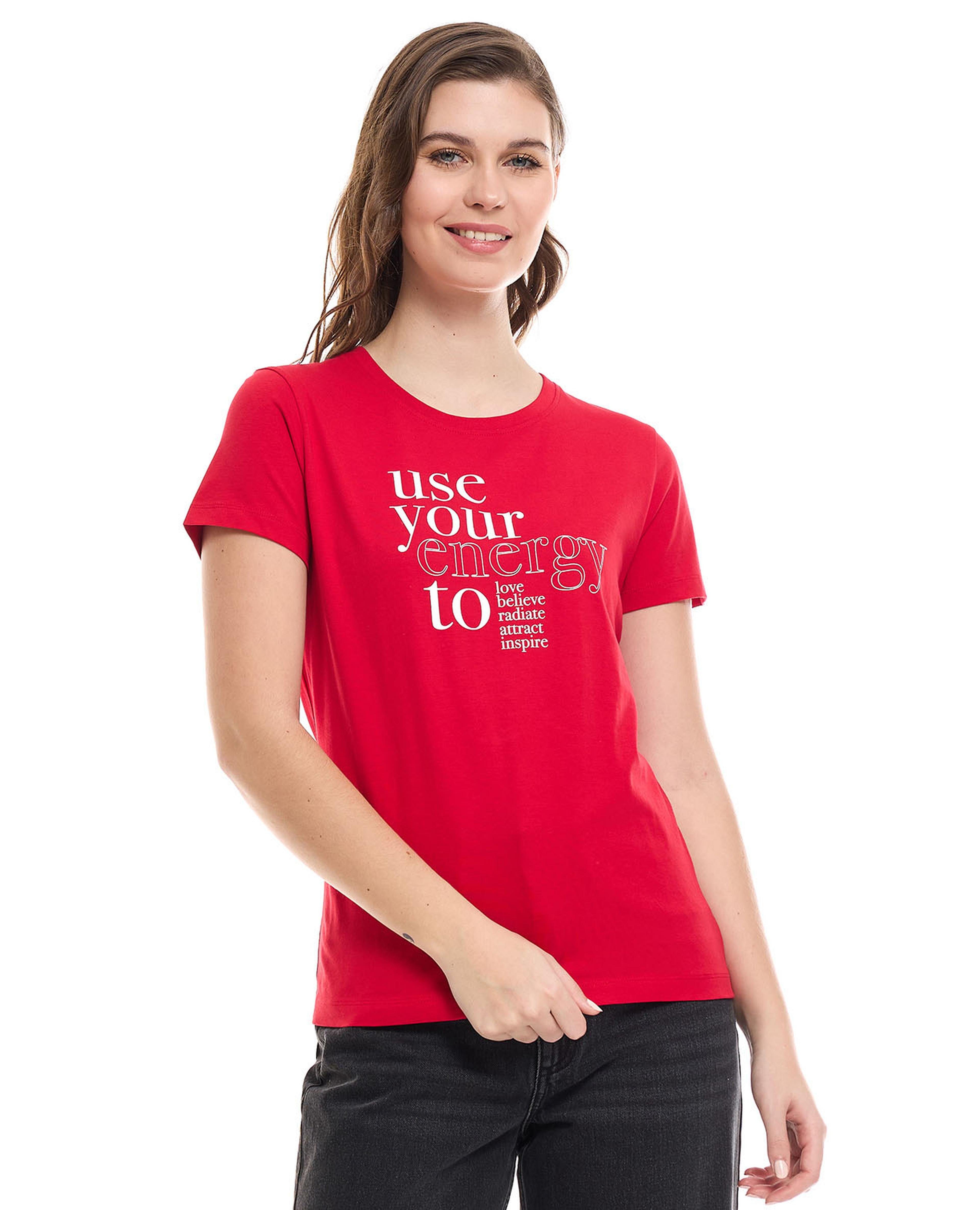 Typography Print T-Shirt with Crew Neck and Short Sleeves