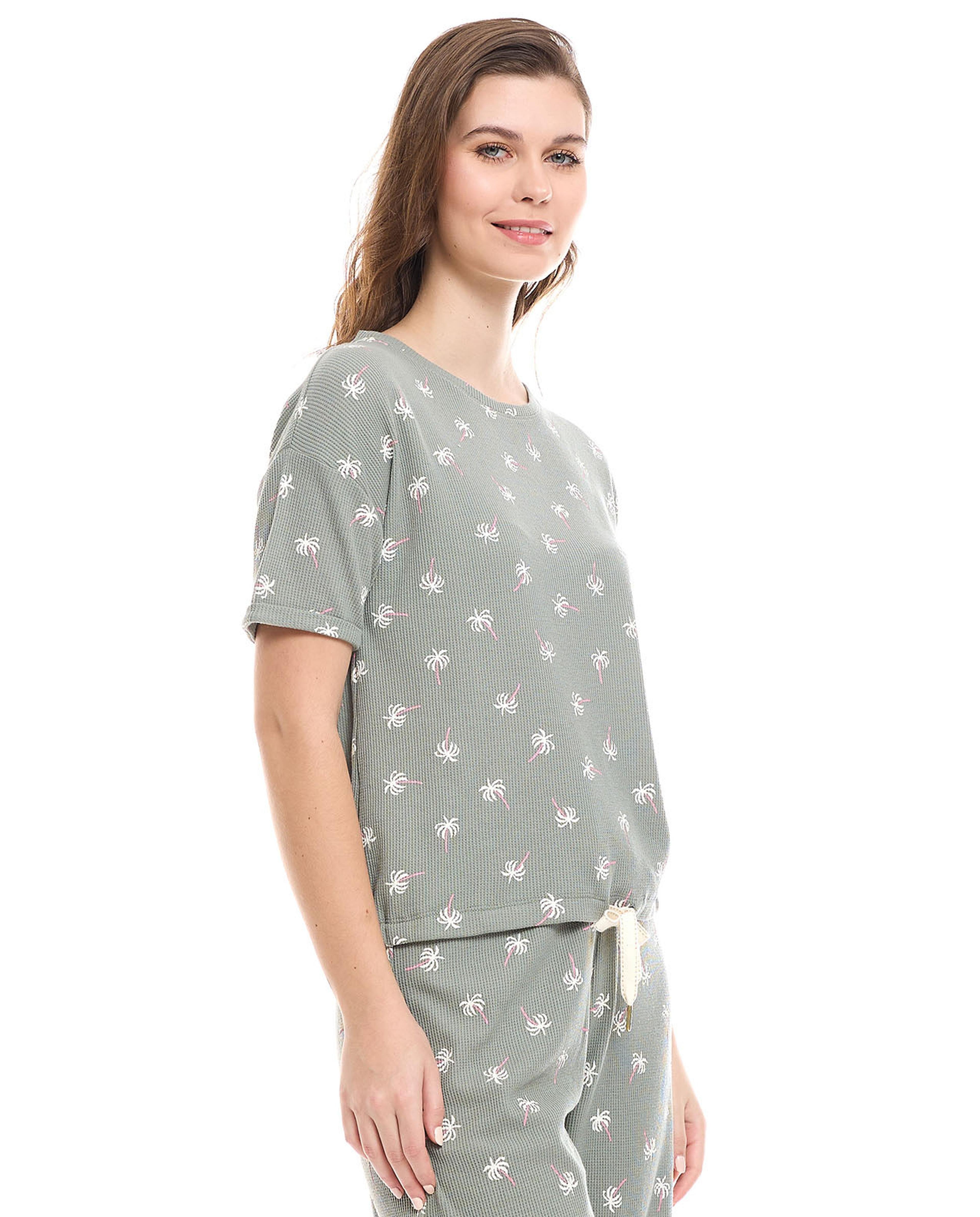 Printed Sleep Top with Crew Neck and Short Sleeves