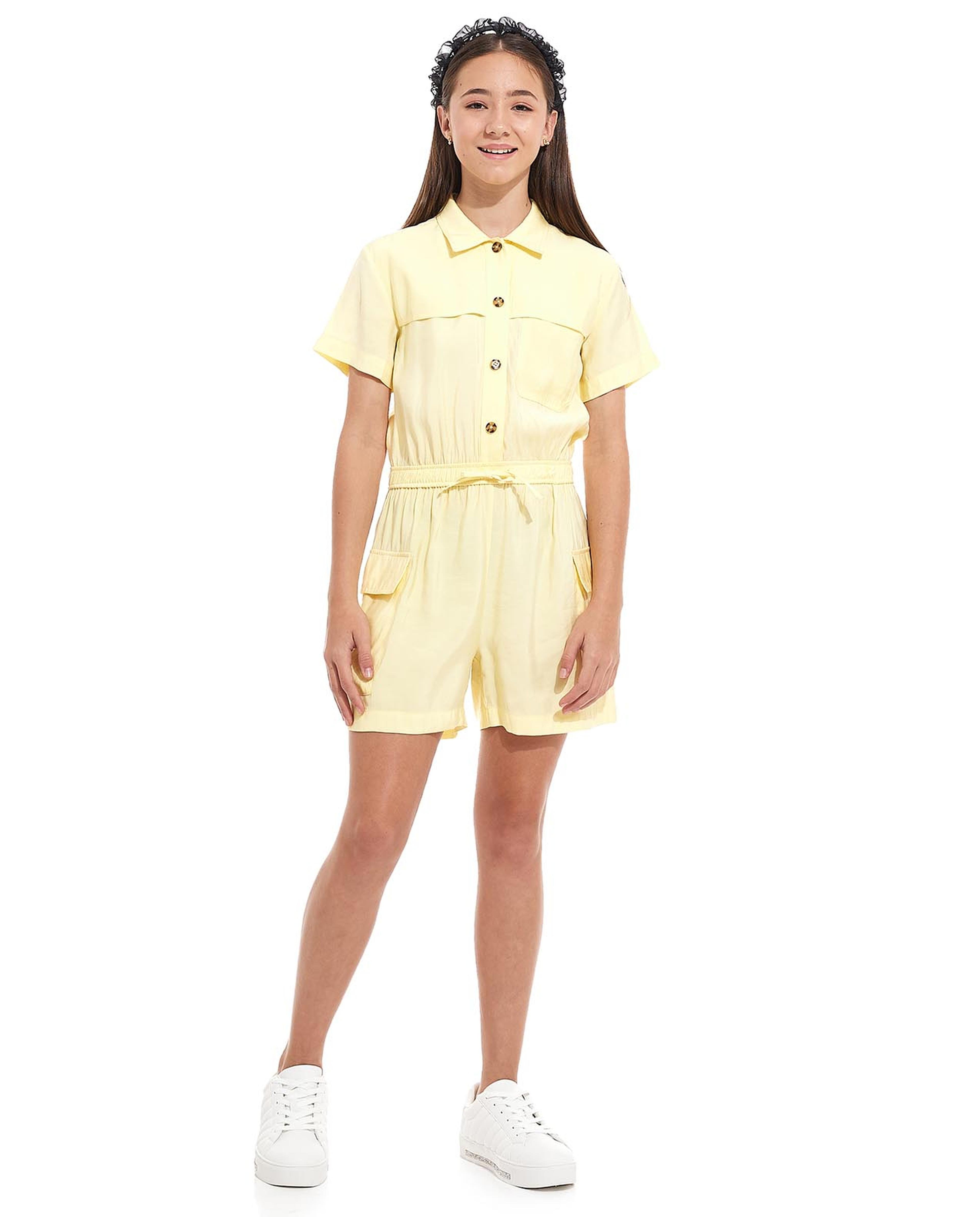 Solid Rompers with Shirt Collar and Short Sleeves