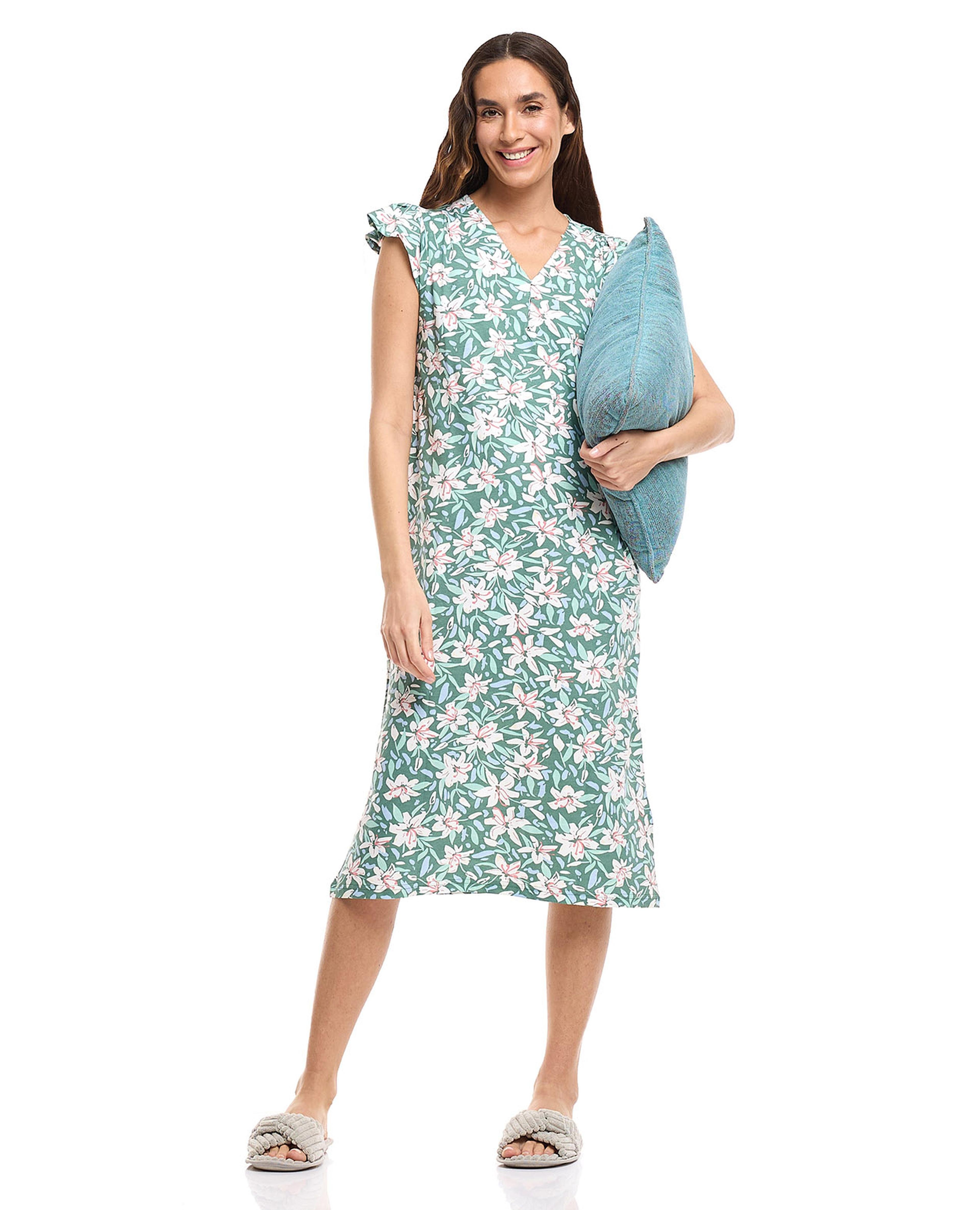 Printed Nightdress with V-Neck and Short Sleeves