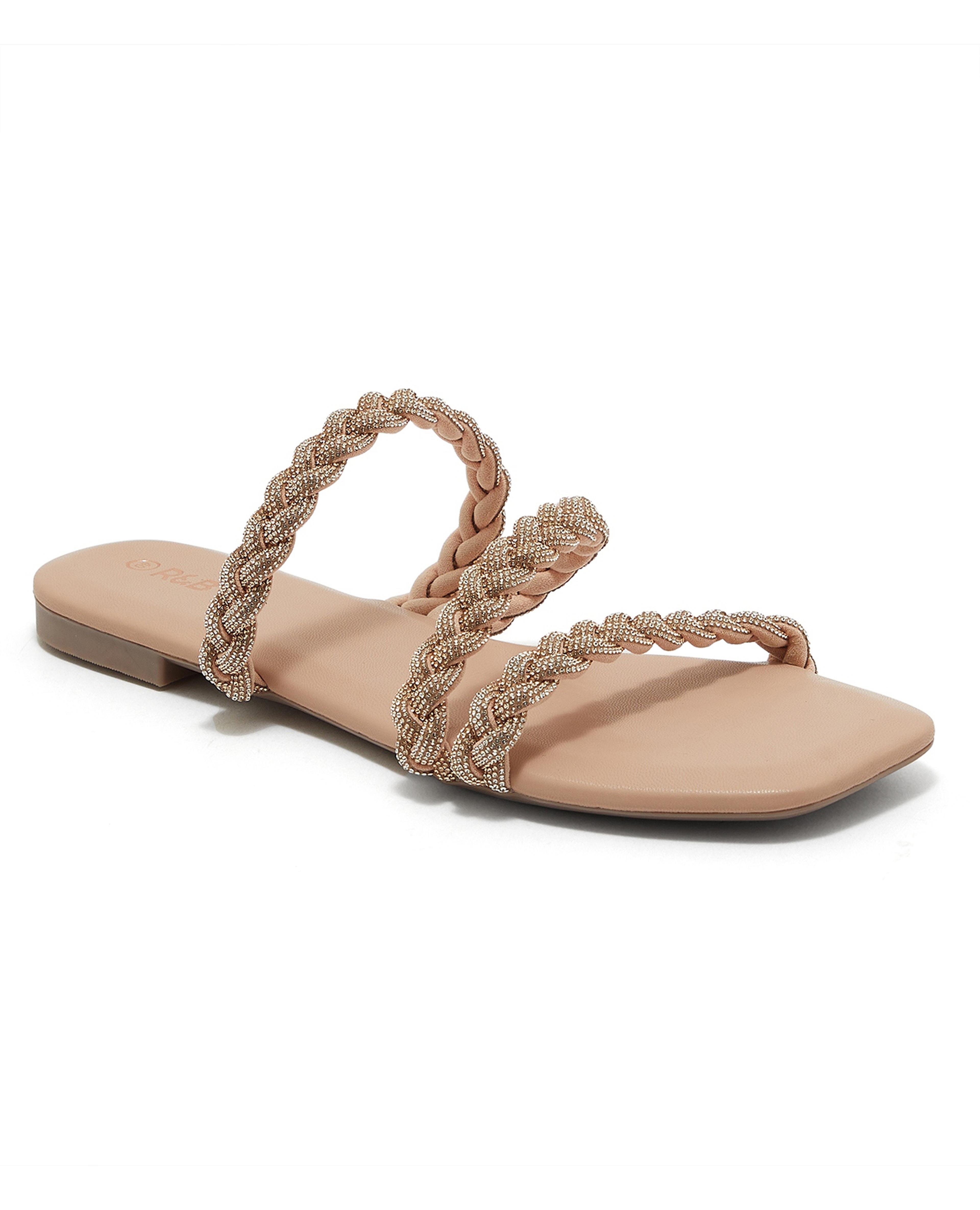Embellished Braided Strap Flat Sandals