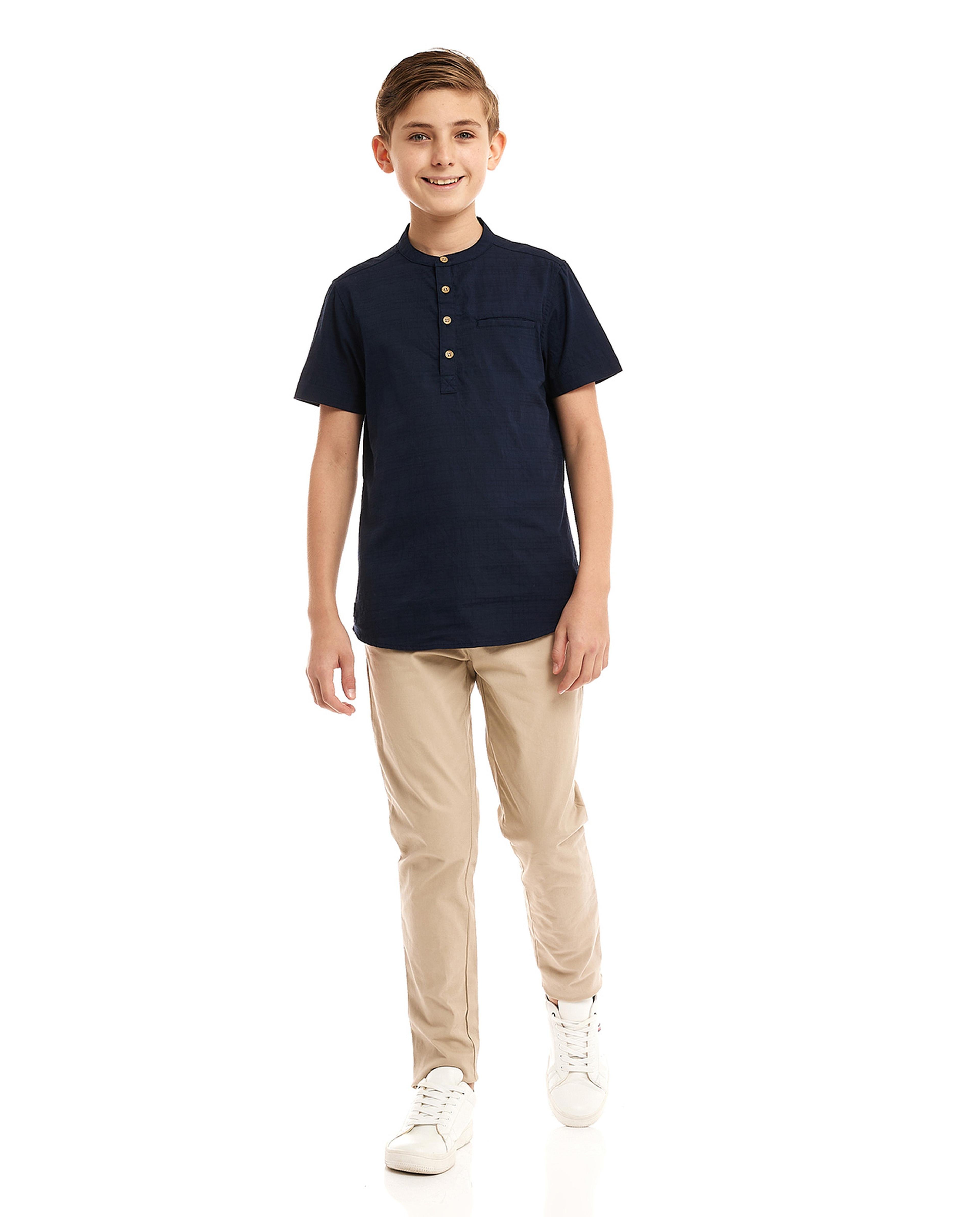 Solid Shirt with Mandarin Collar and Short Sleeves