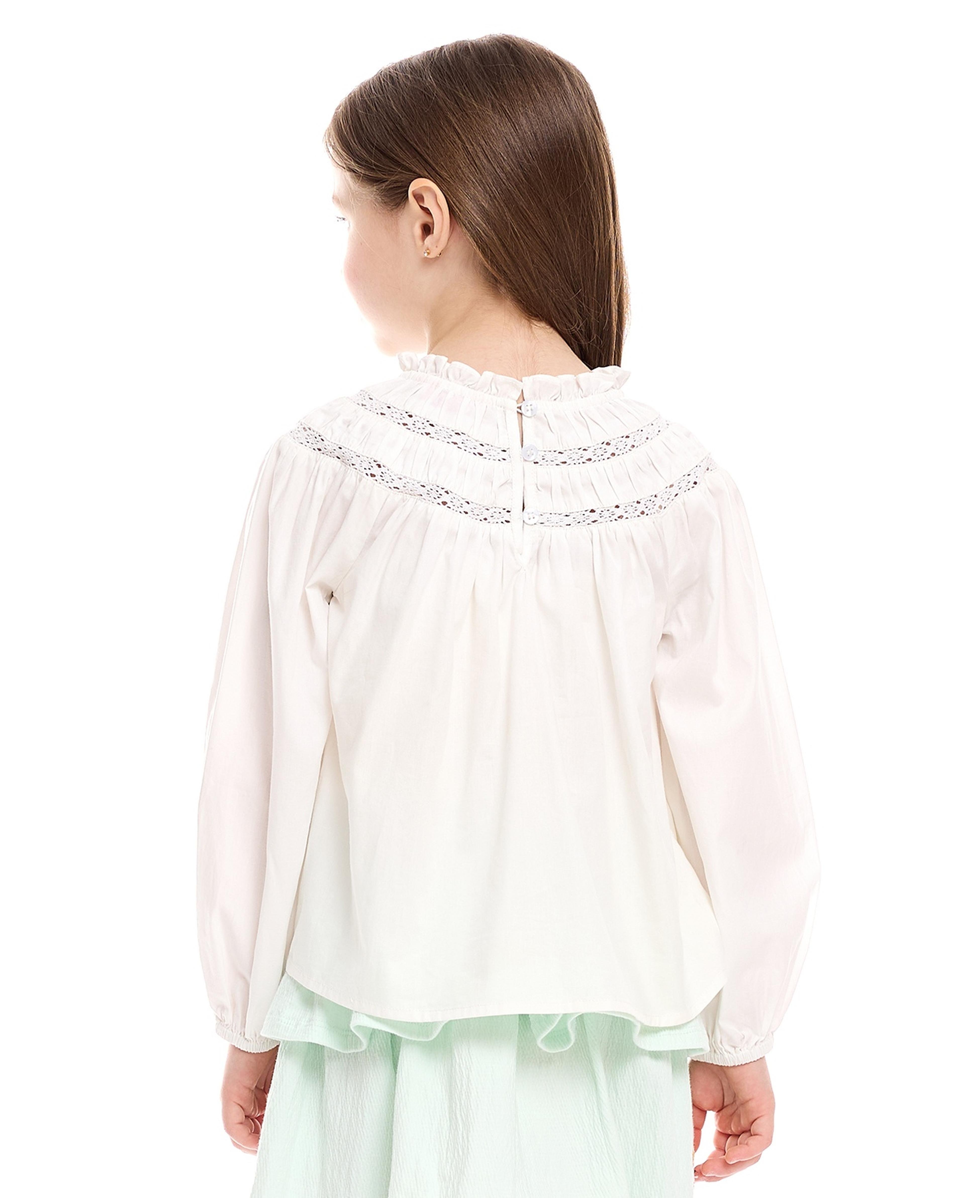 Lace Trim Top with Round Neck and Long Sleeves