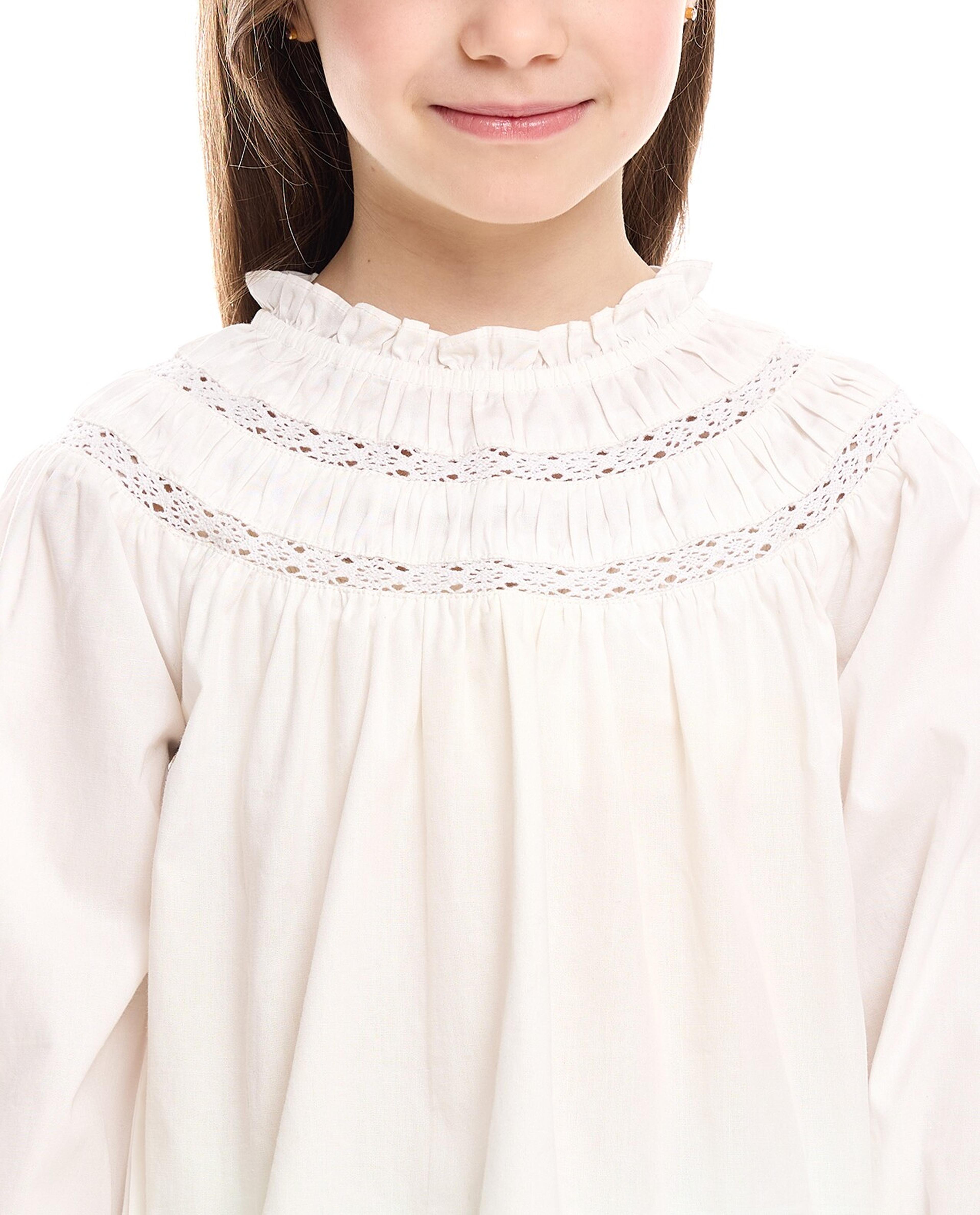 Lace Trim Top with Round Neck and Long Sleeves