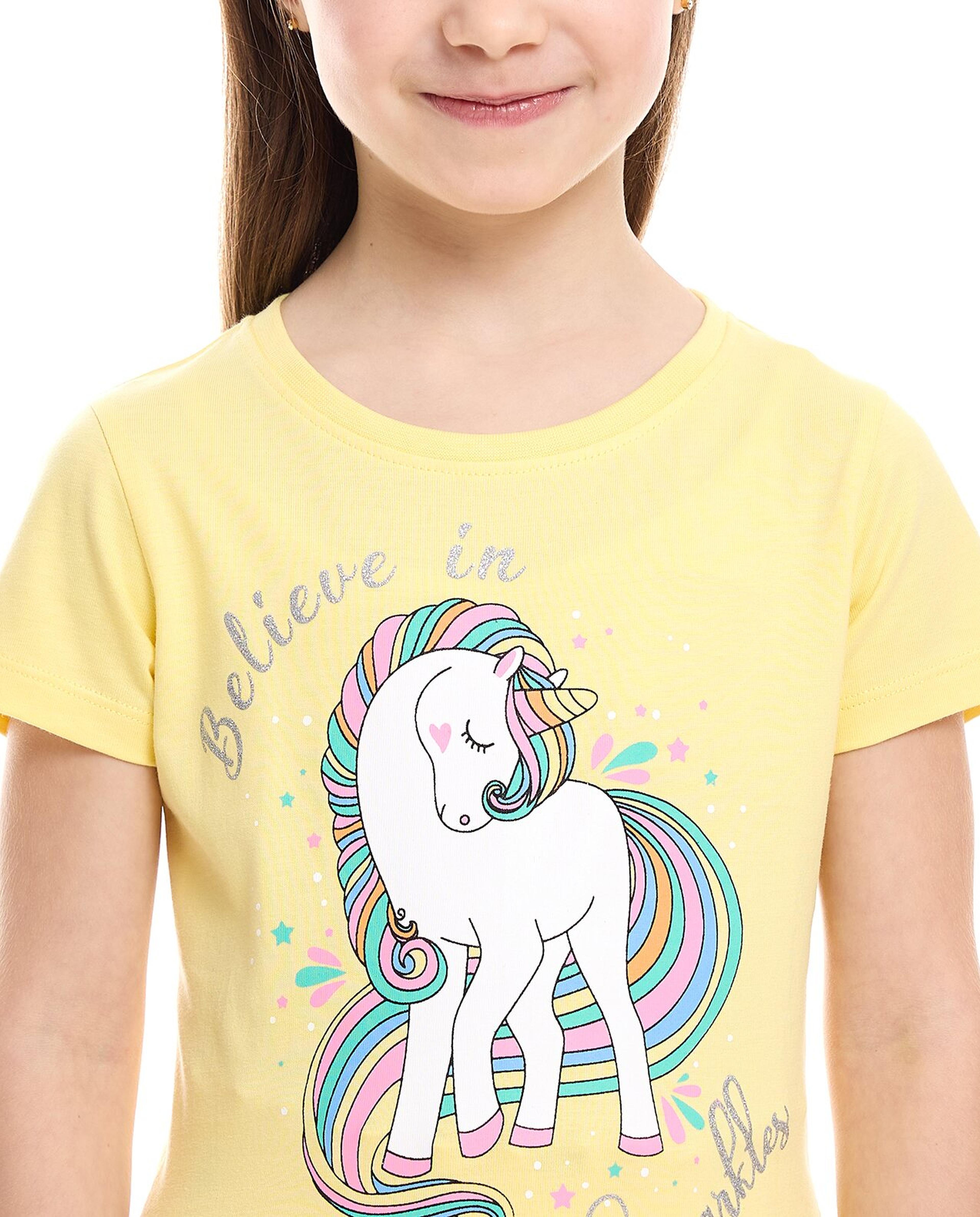 Unicorn Print T-Shirt with Crew Neck and Short Sleeves