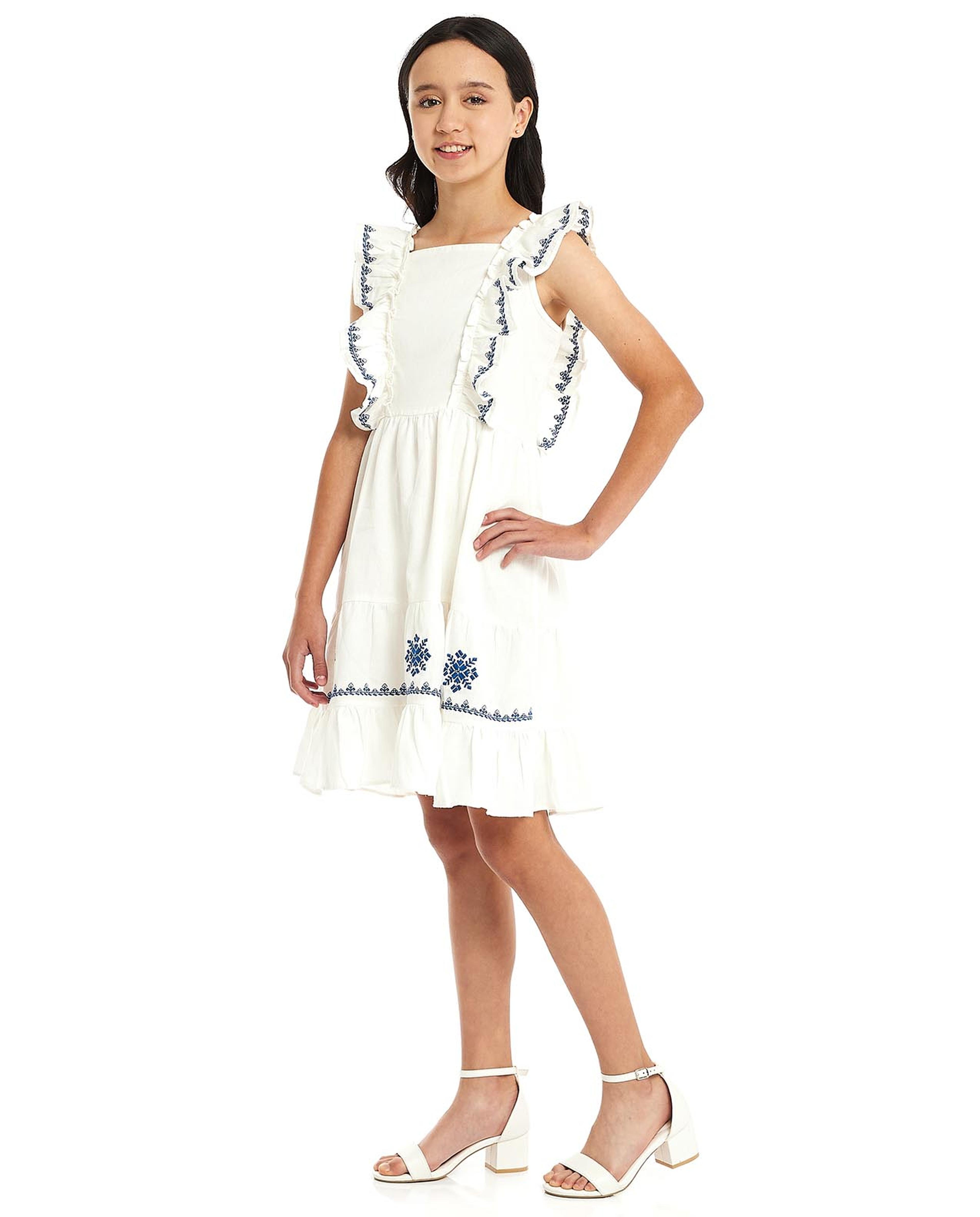 Embroidered Tiered Dress with Square Neck and Flutter Sleeves
