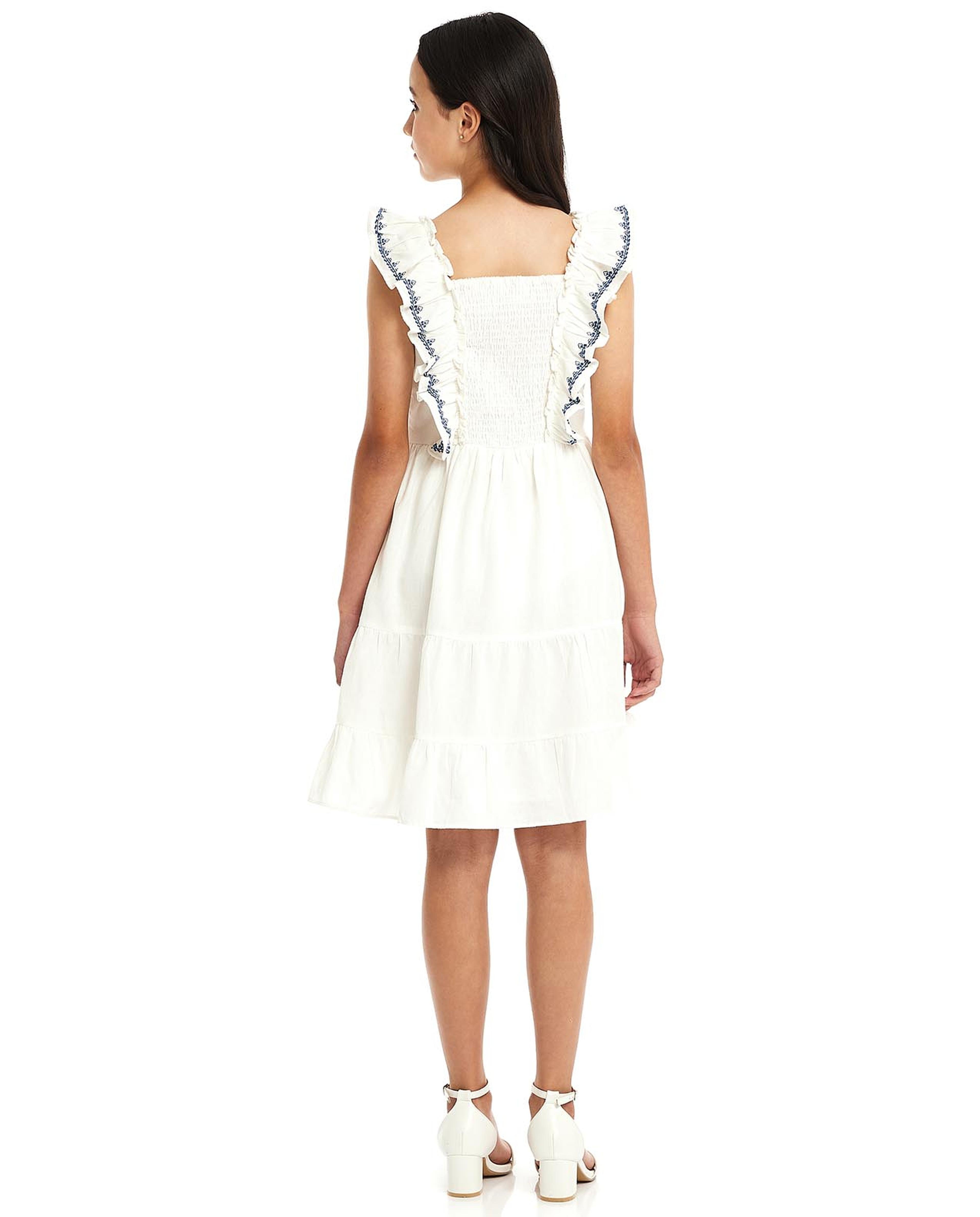 Embroidered Tiered Dress with Square Neck and Flutter Sleeves