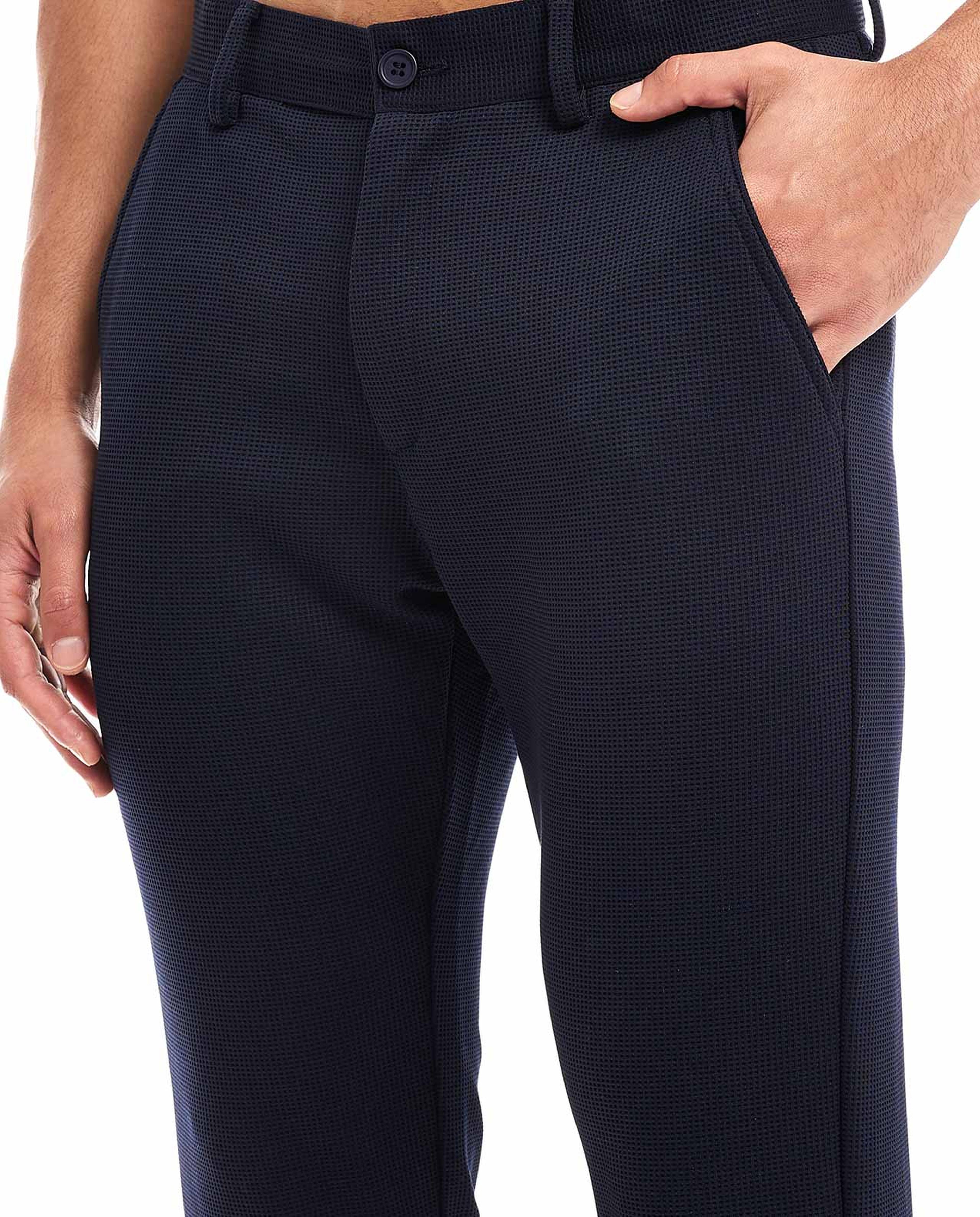 Textured Slim Fit Trousers with Button Closure