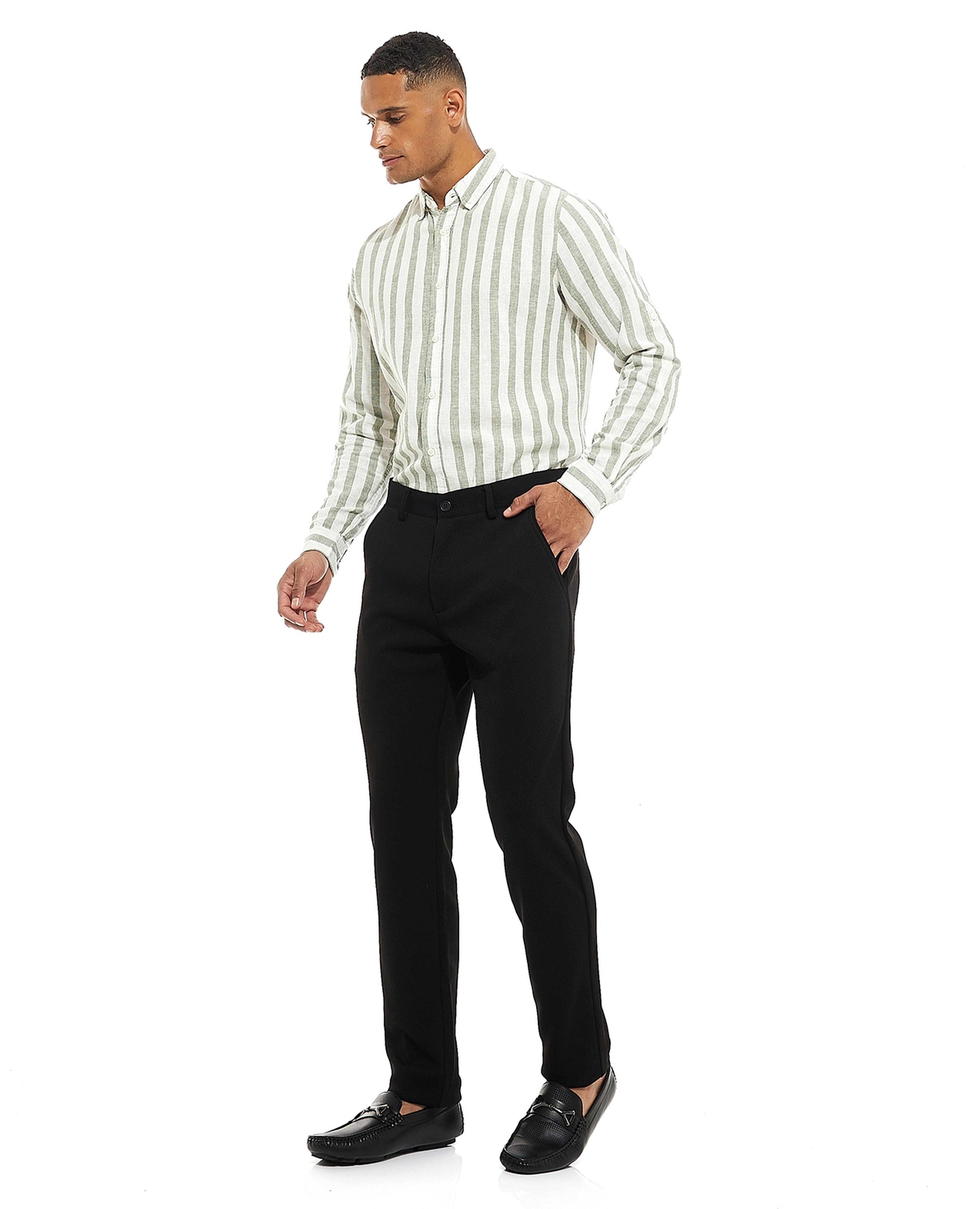Waffle Patterned Straight Fit Trousers with Button Closure