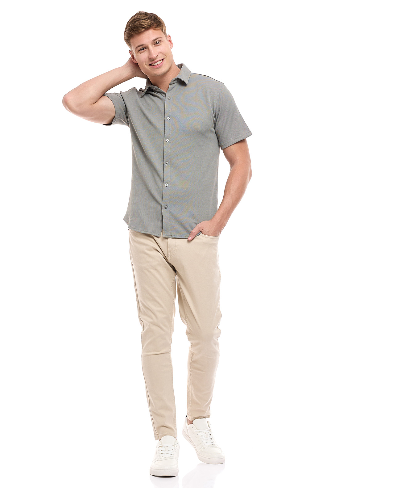 Solid Knitted Shirt with Classic Collar and Short Sleeves