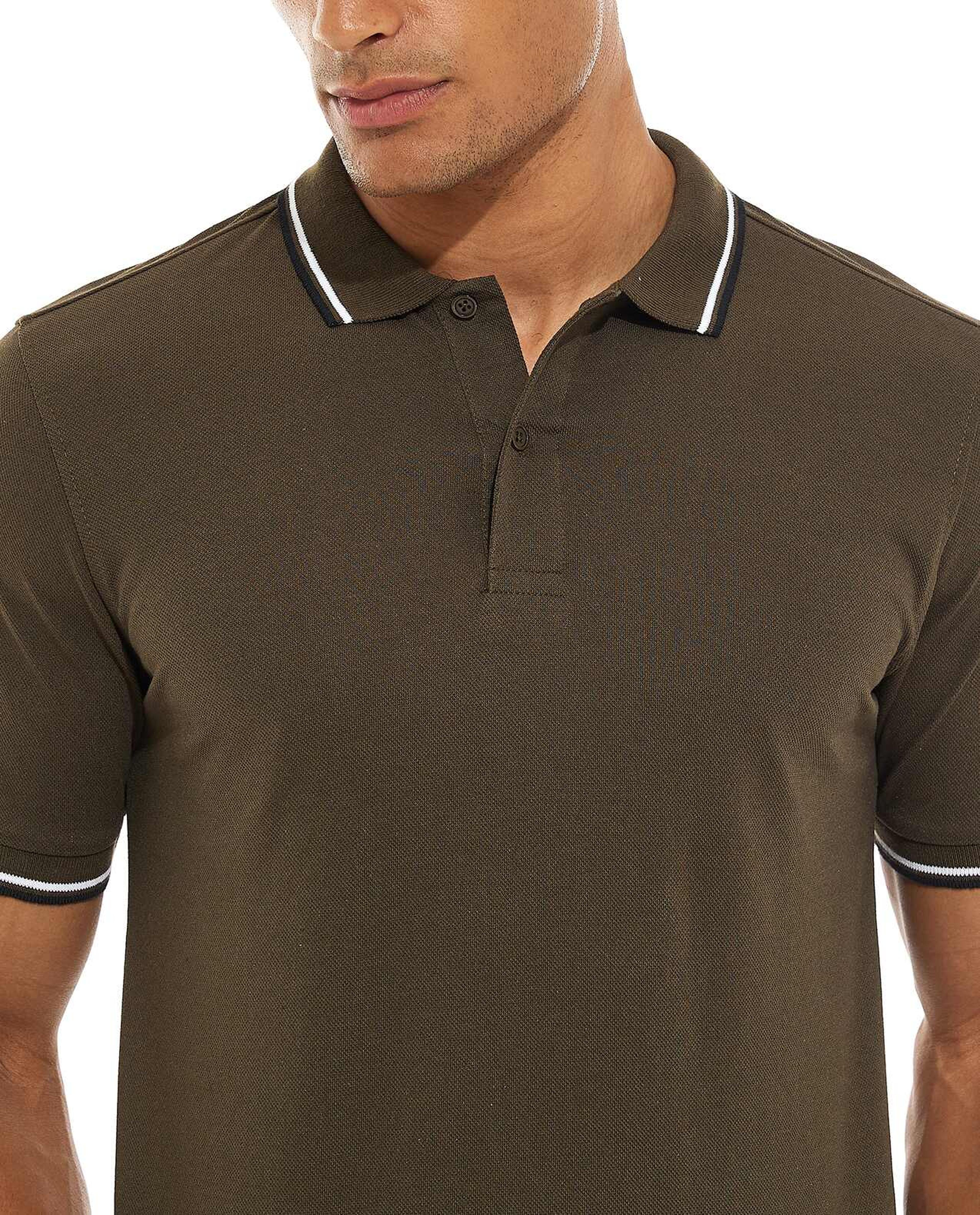 Striped Trim Polo T-Shirt with Short Sleeves