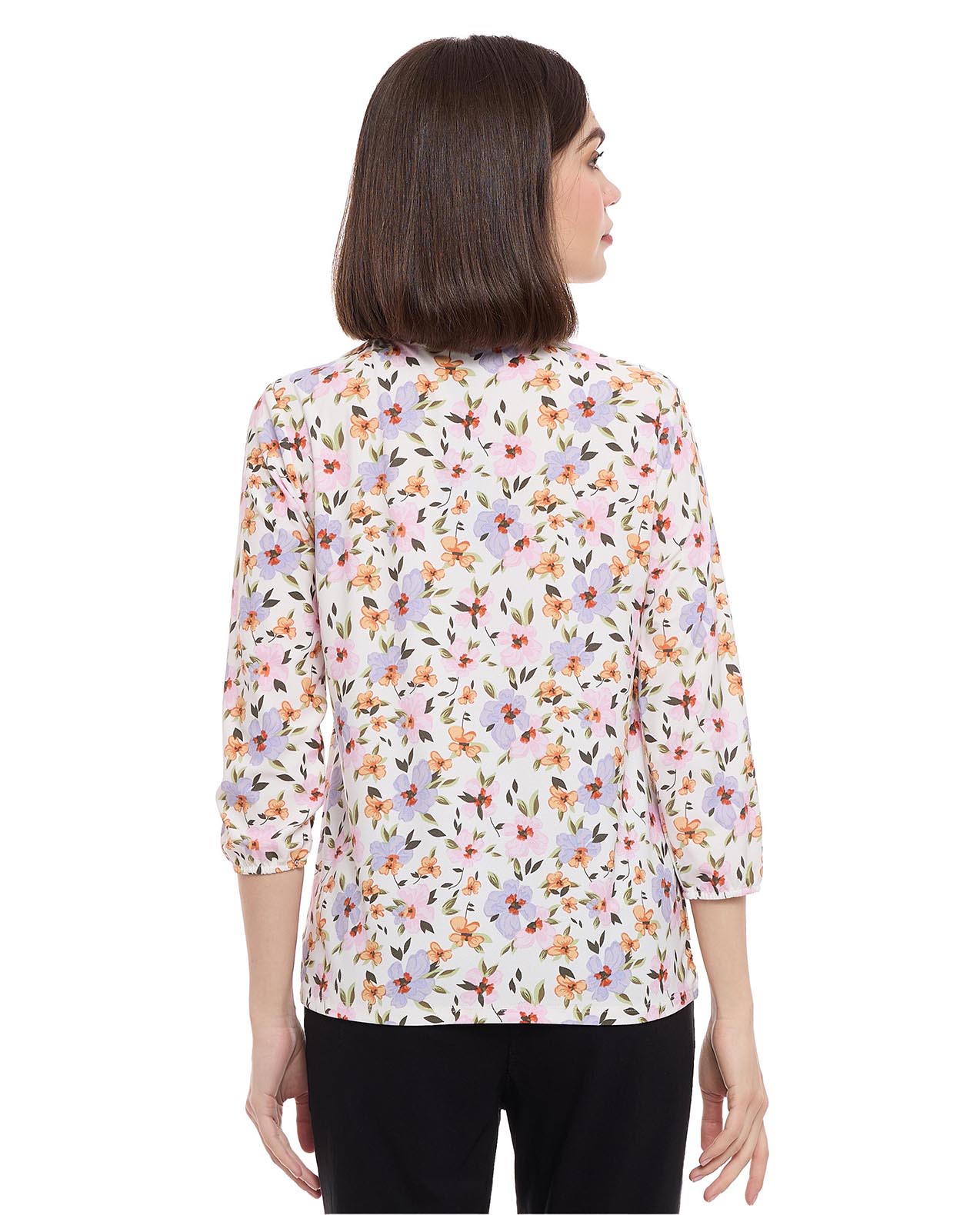 Floral Patterned Top with Tie-Up Neck and 3/4 Sleeves