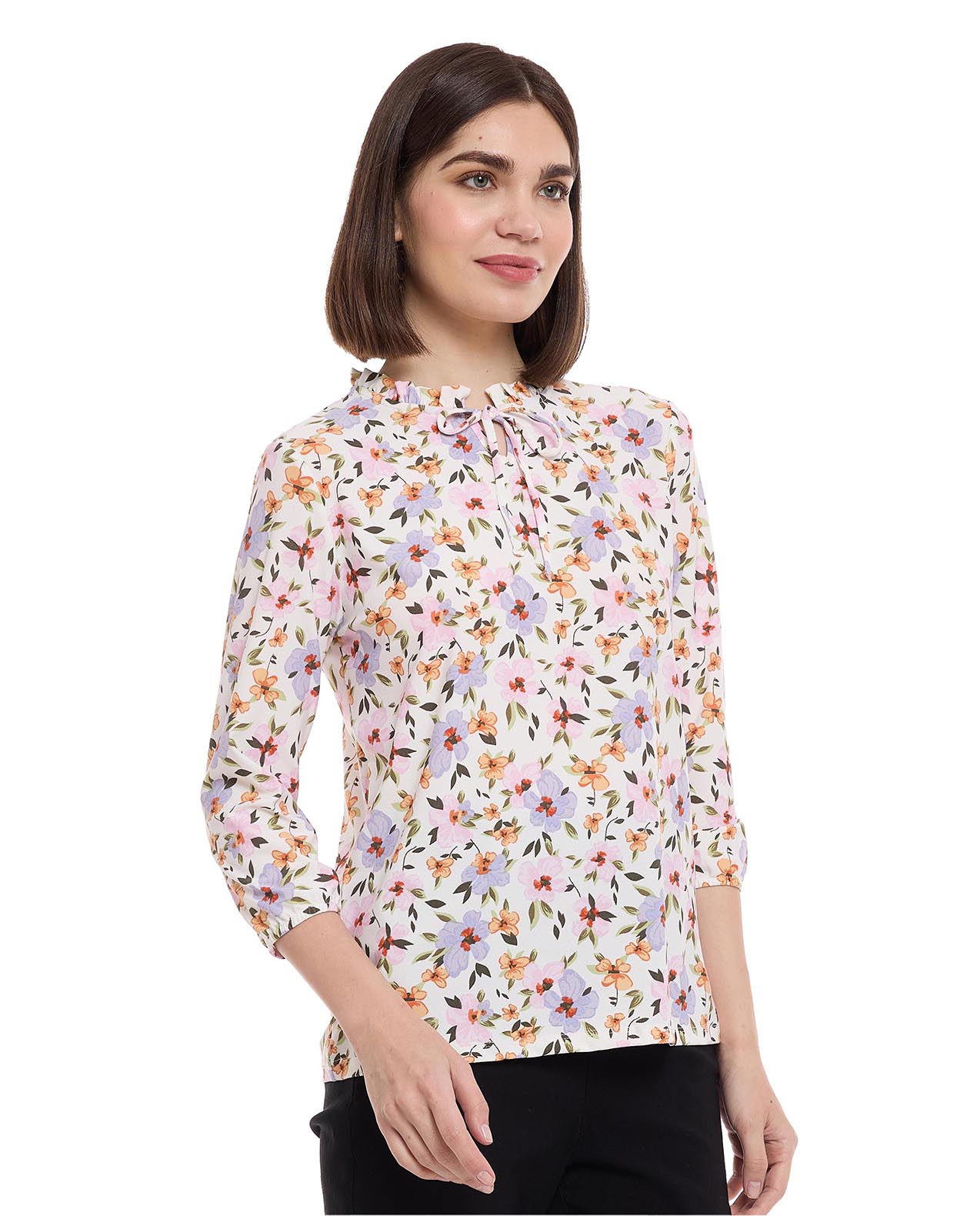 Floral Patterned Top with Tie-Up Neck and 3/4 Sleeves